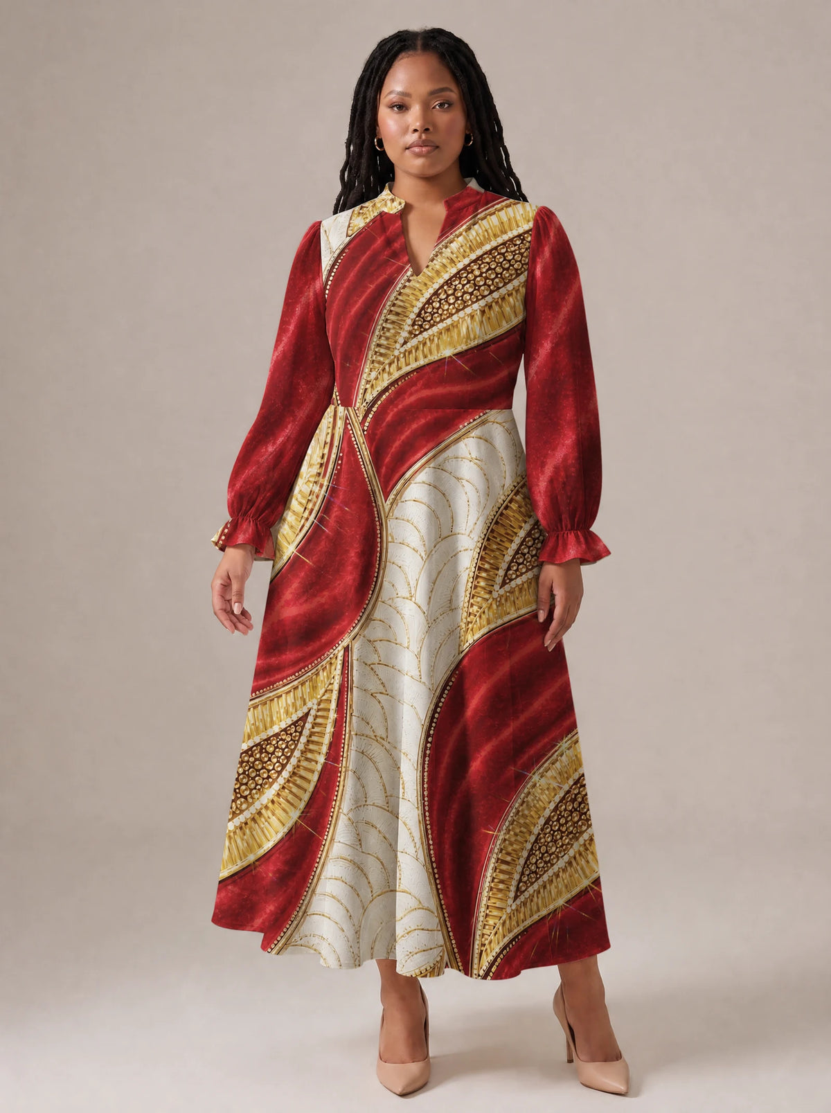 "Utukufu" Long Puff Sleeve Dress — standing, angled view on model
