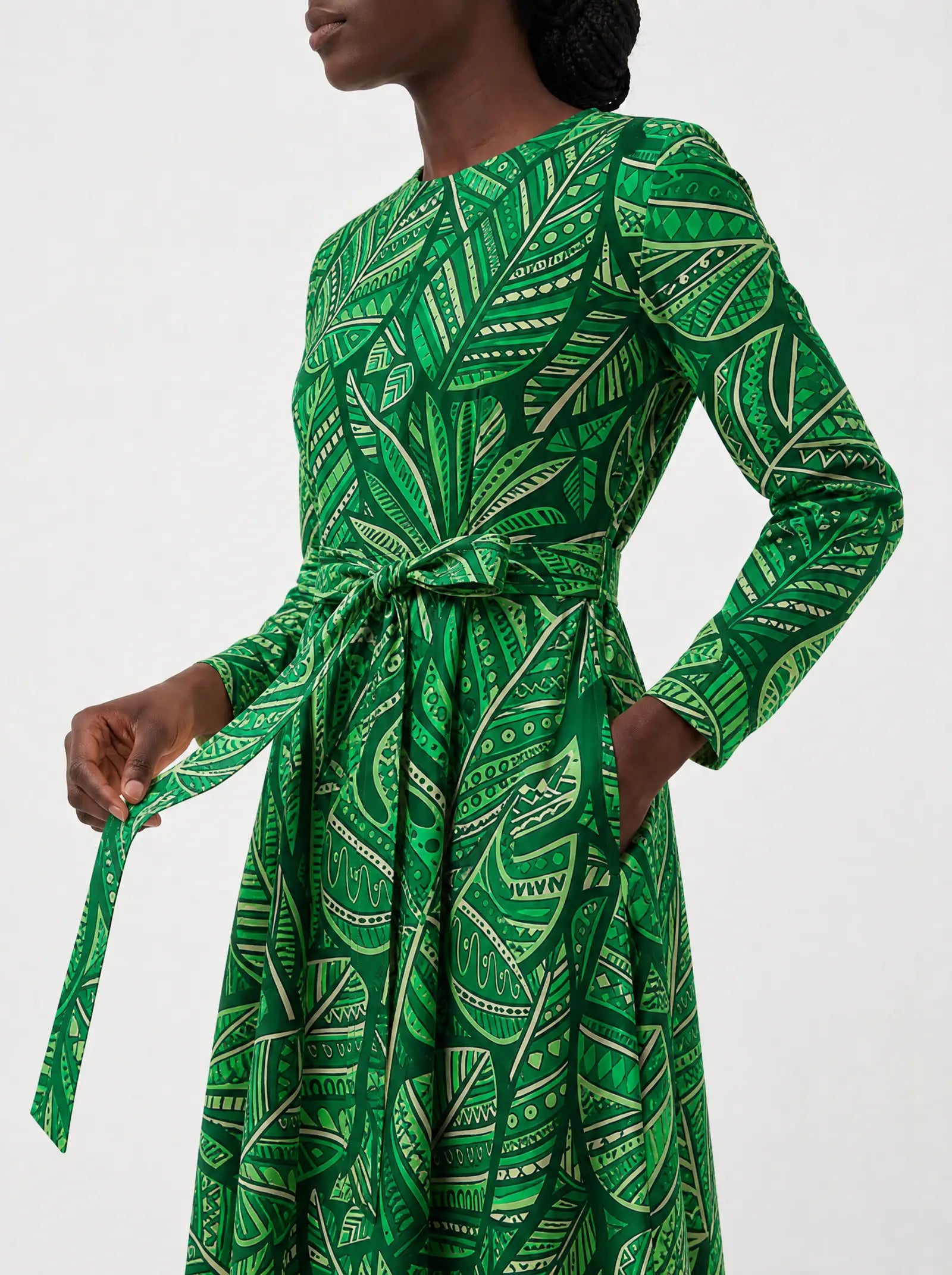 "Asili" Viscose Midi Dress — close-up of the tie sash and the in-seam side pocket
