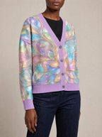 "Almasi" Cardigan — close view of the V-neck, buttons and ribbed trims
