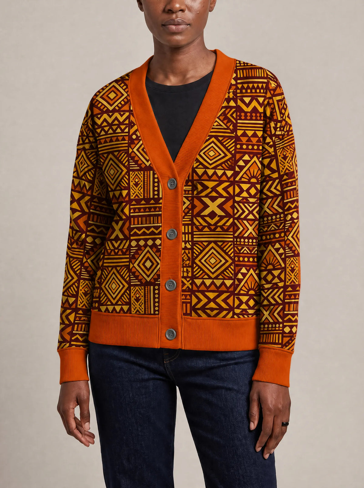 "Mudcloth" Cardigan — close view of the V-neck, buttons and ribbed trims