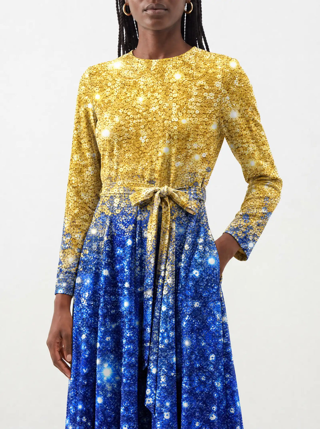 "Angaza" Long Sleeve Midaxi Dress — standing, angled view on model