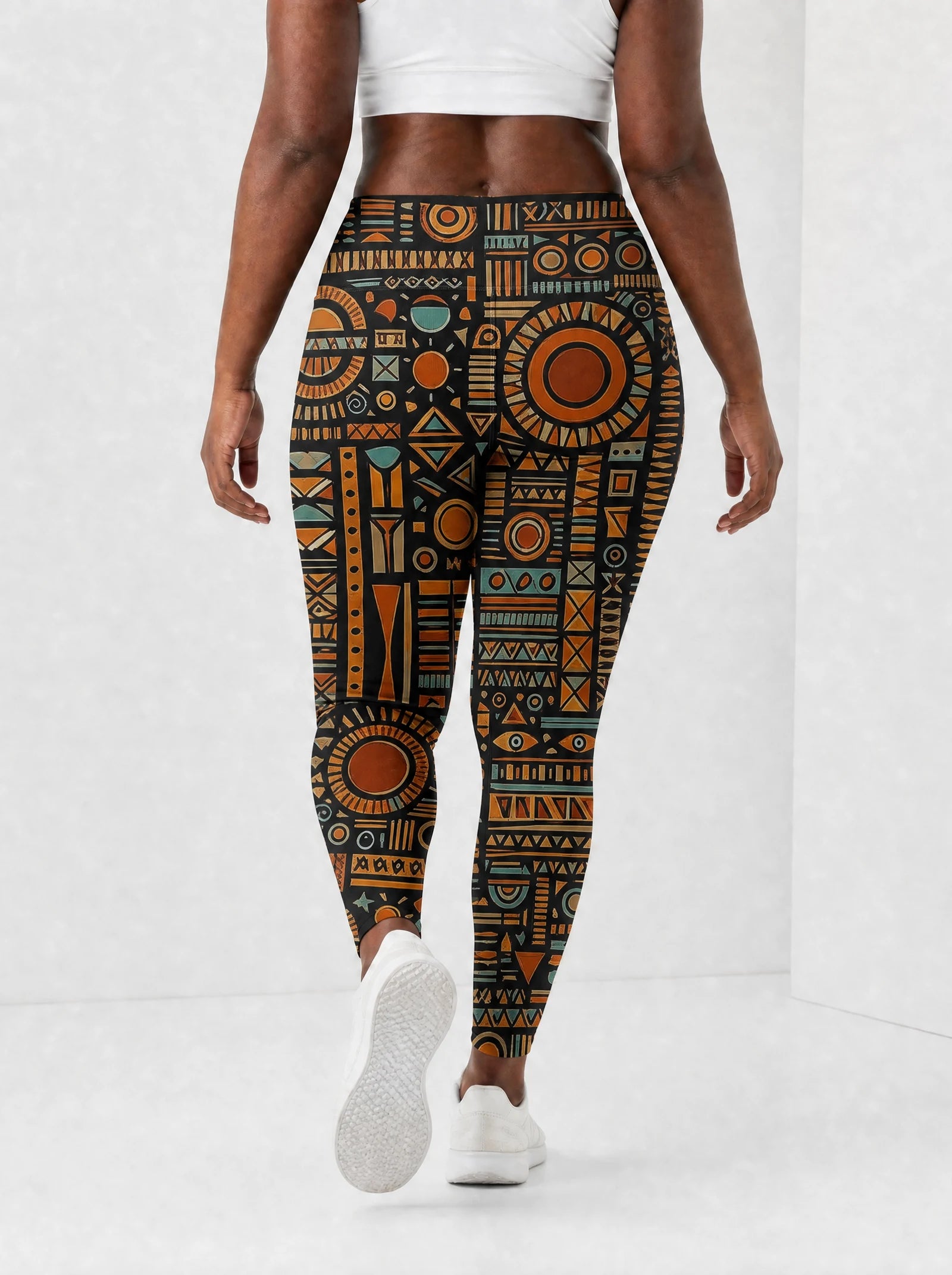 Afrocentric Pattern Leggings — back view on model