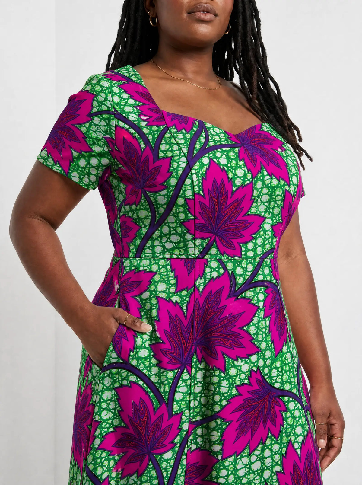 "Mzabibu" Sweetheart Midi Dress — close-up of the bodice and the in-seam side pocket