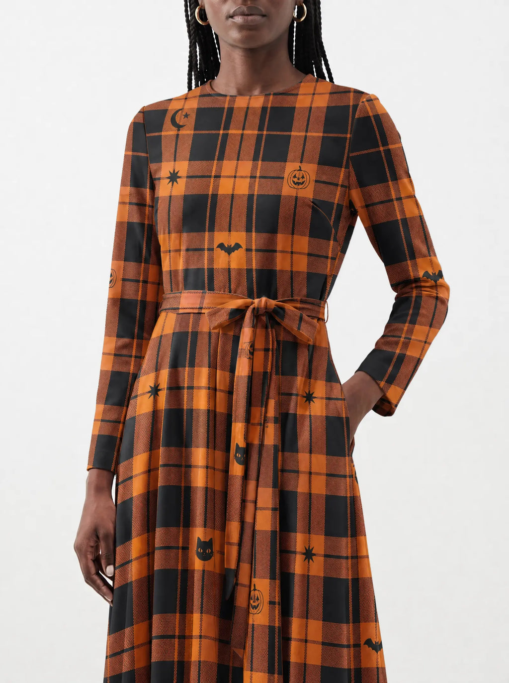 "Zulia" Halloween Long Sleeve Midaxi Dress — standing, angled view on model