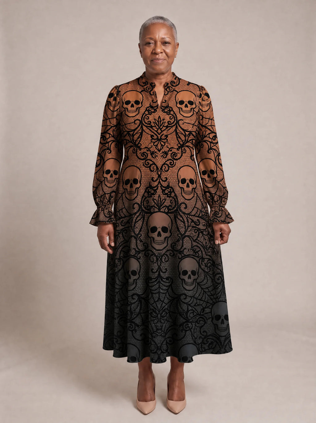 "Fuvu" Halloween Long Puff Sleeve Dress — standing, angled view on model
