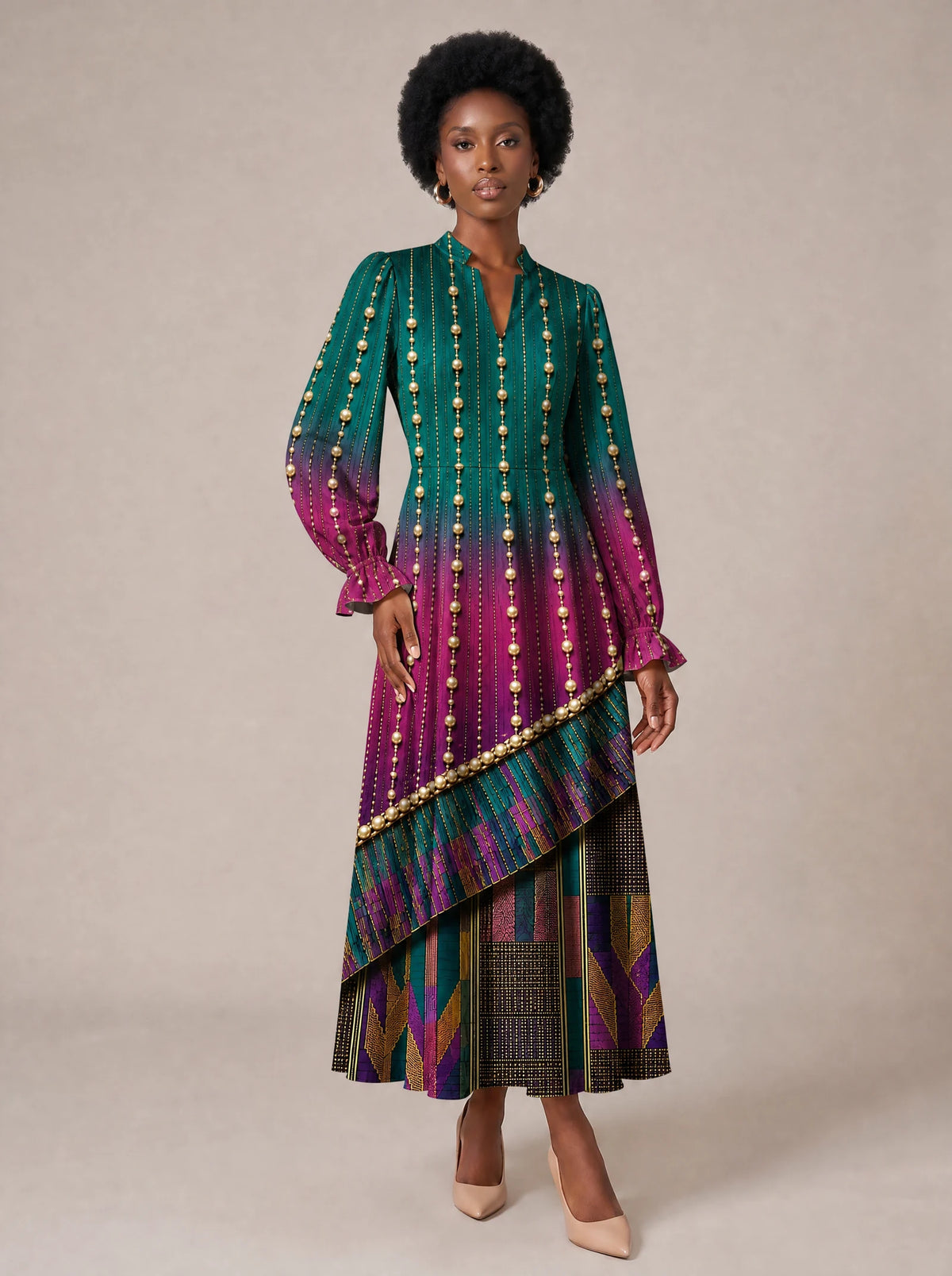 "Lulu" Long Puff Sleeve Dress — standing, angled view on model