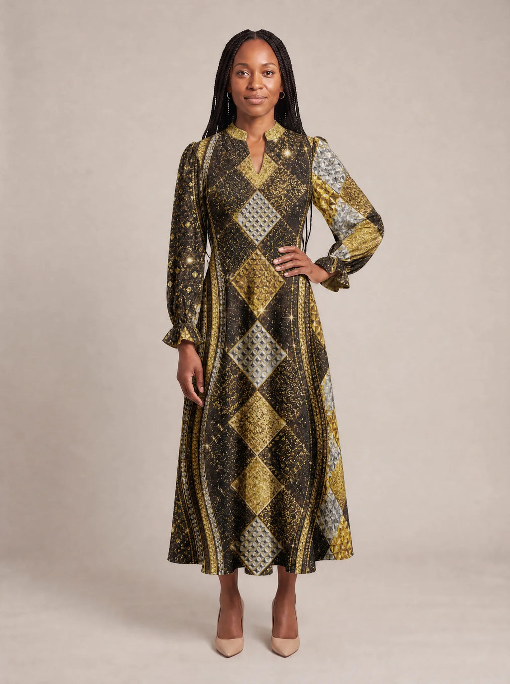 "Fataki" Long Puff Sleeve Dress — standing, angled view on model