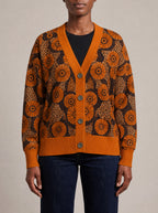 "Shada" Knitted Cardigan — close view of the V-neck, buttons and ribbed trims