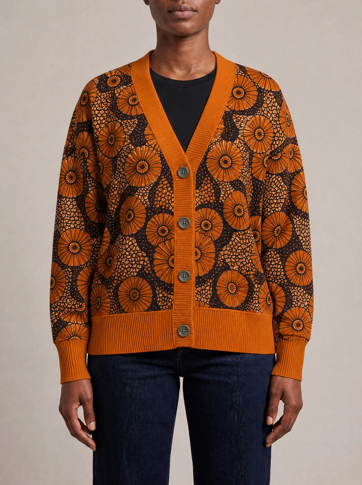 "Shada" Knitted Cardigan — close view of the V-neck, buttons and ribbed trims