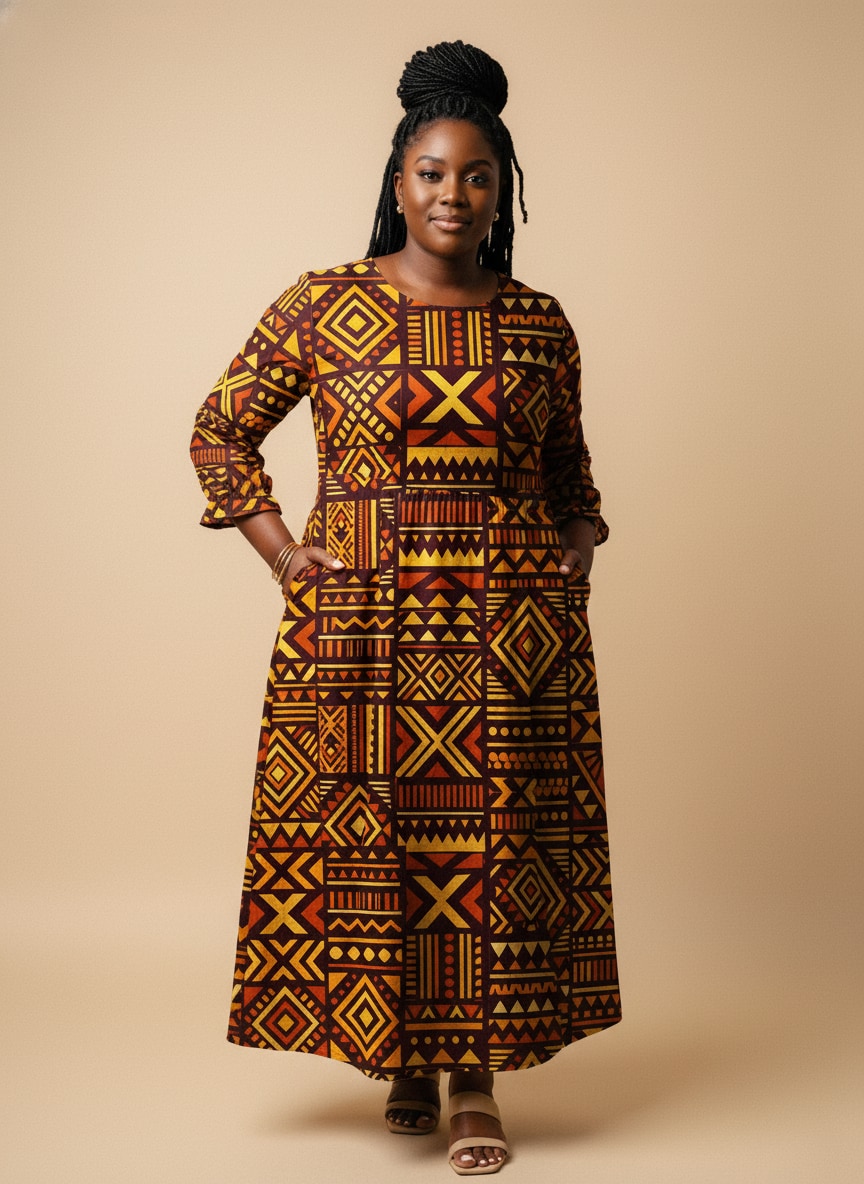 Mudcloth Long Sleeve Maxi Dress