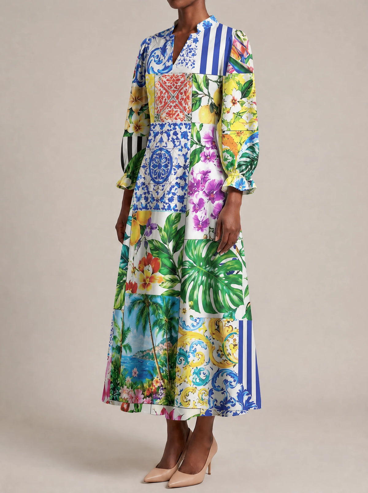 "Kisiwa" Long Puff Sleeve Dress — three-quarter view on model