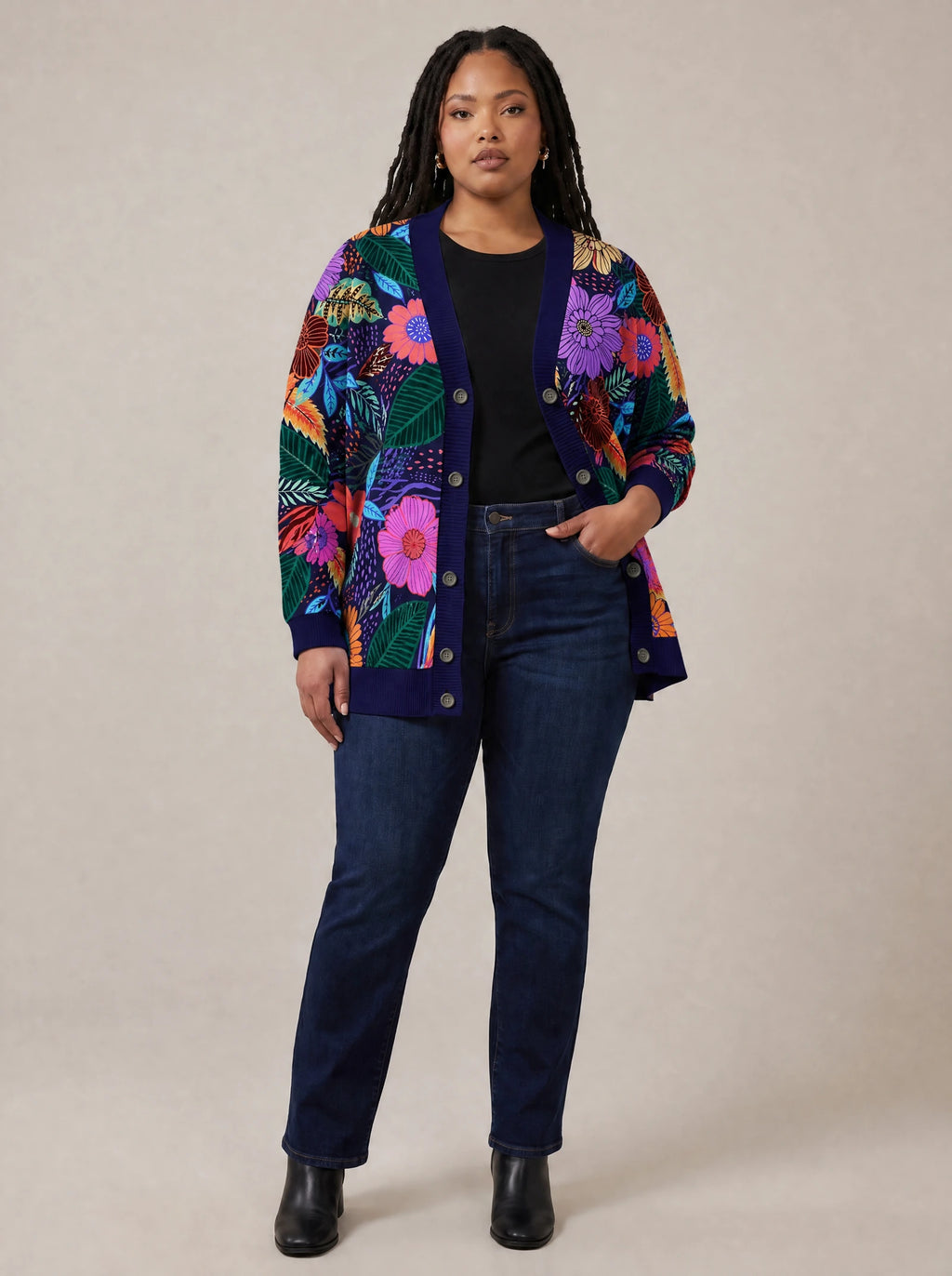 "Bustani" Cardigan — on model with hands in her jeans pockets