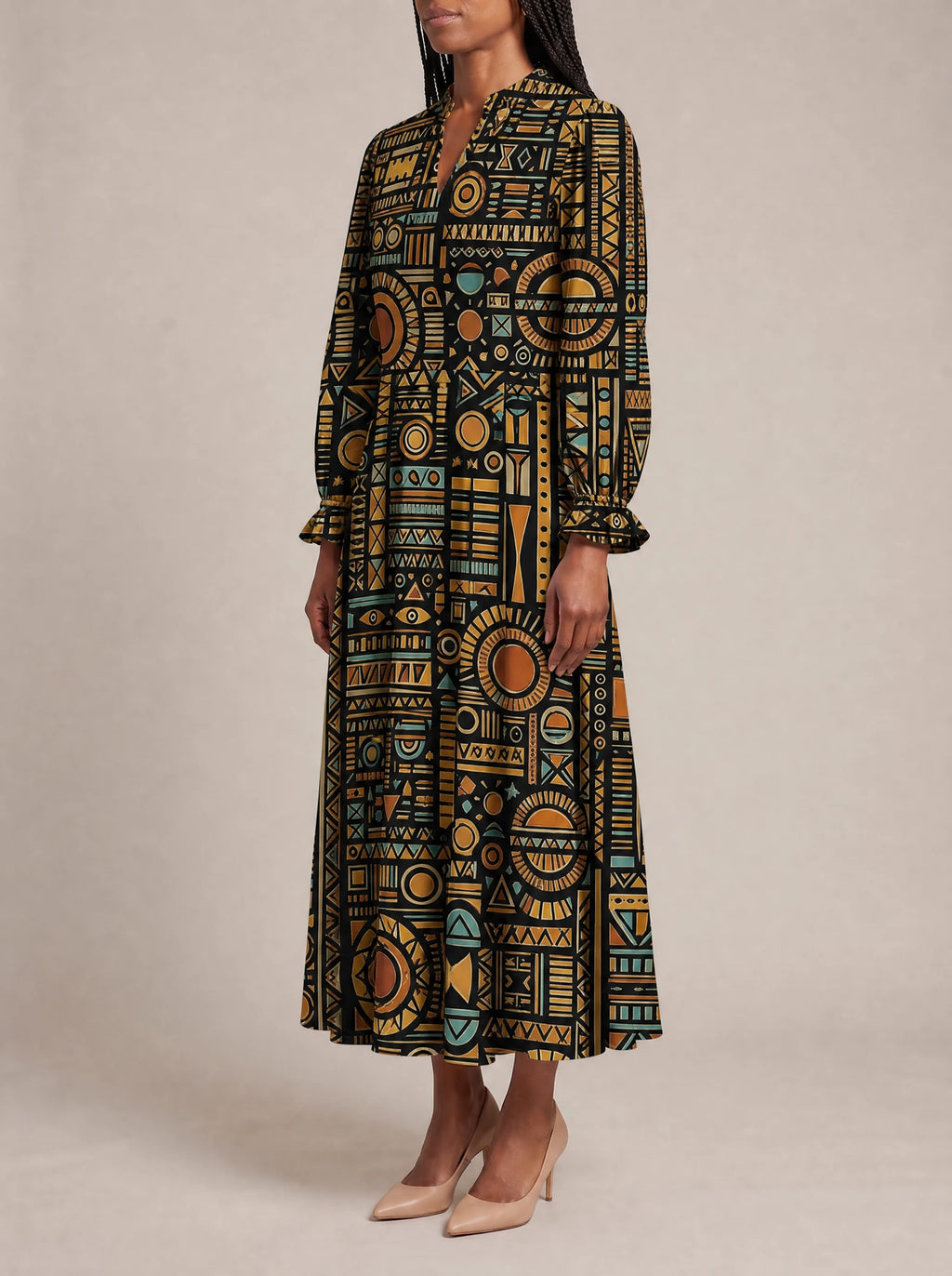 "Afrocentric Pattern" Long Puff Sleeve Dress — three-quarter view on model