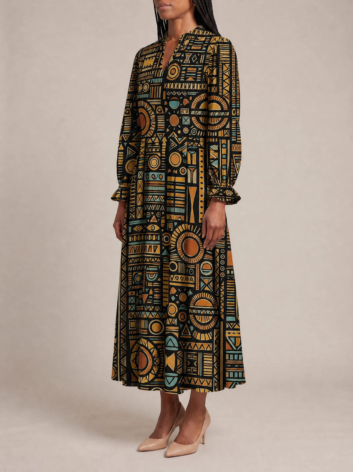"Afrocentric Pattern" Long Puff Sleeve Dress — three-quarter view on model