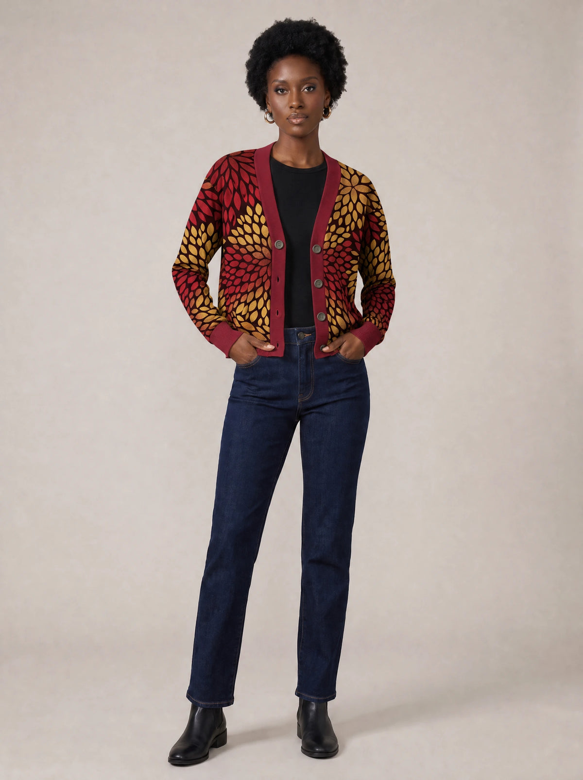 "Mavuno" Cardigan — on model with hands in her jeans pockets