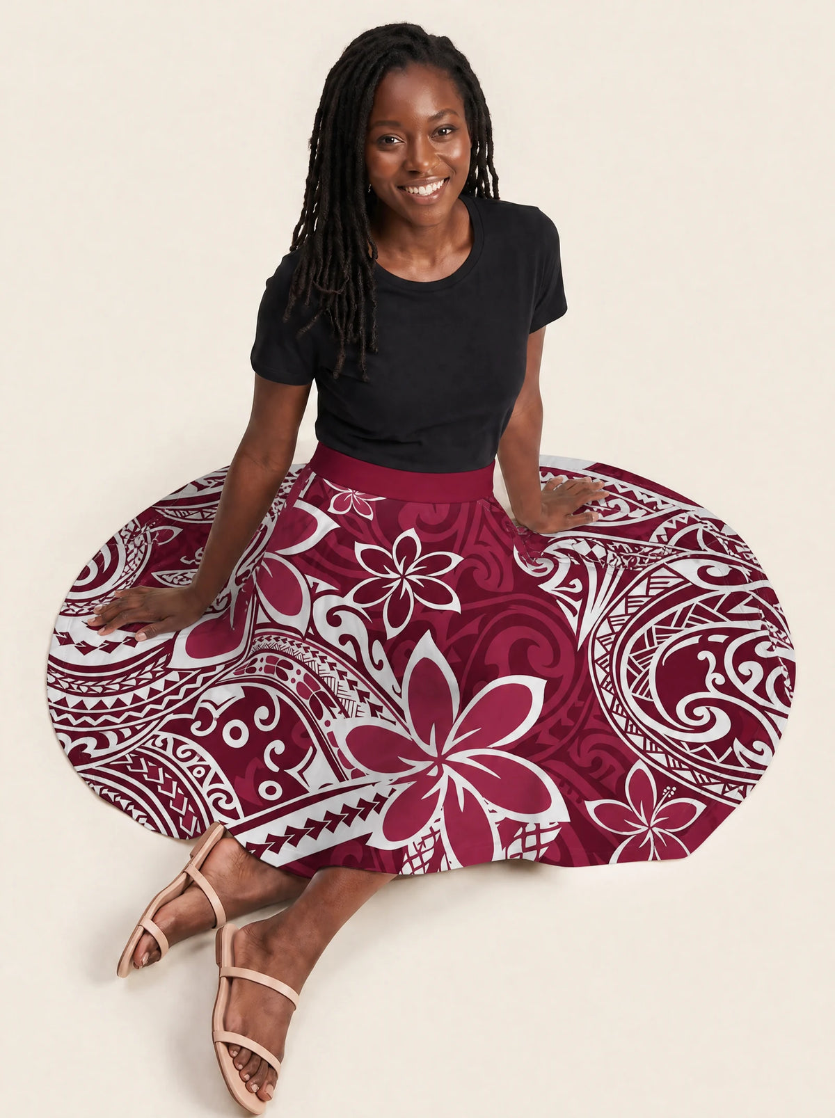 "Lehua" Twirl Skirt — seated on model