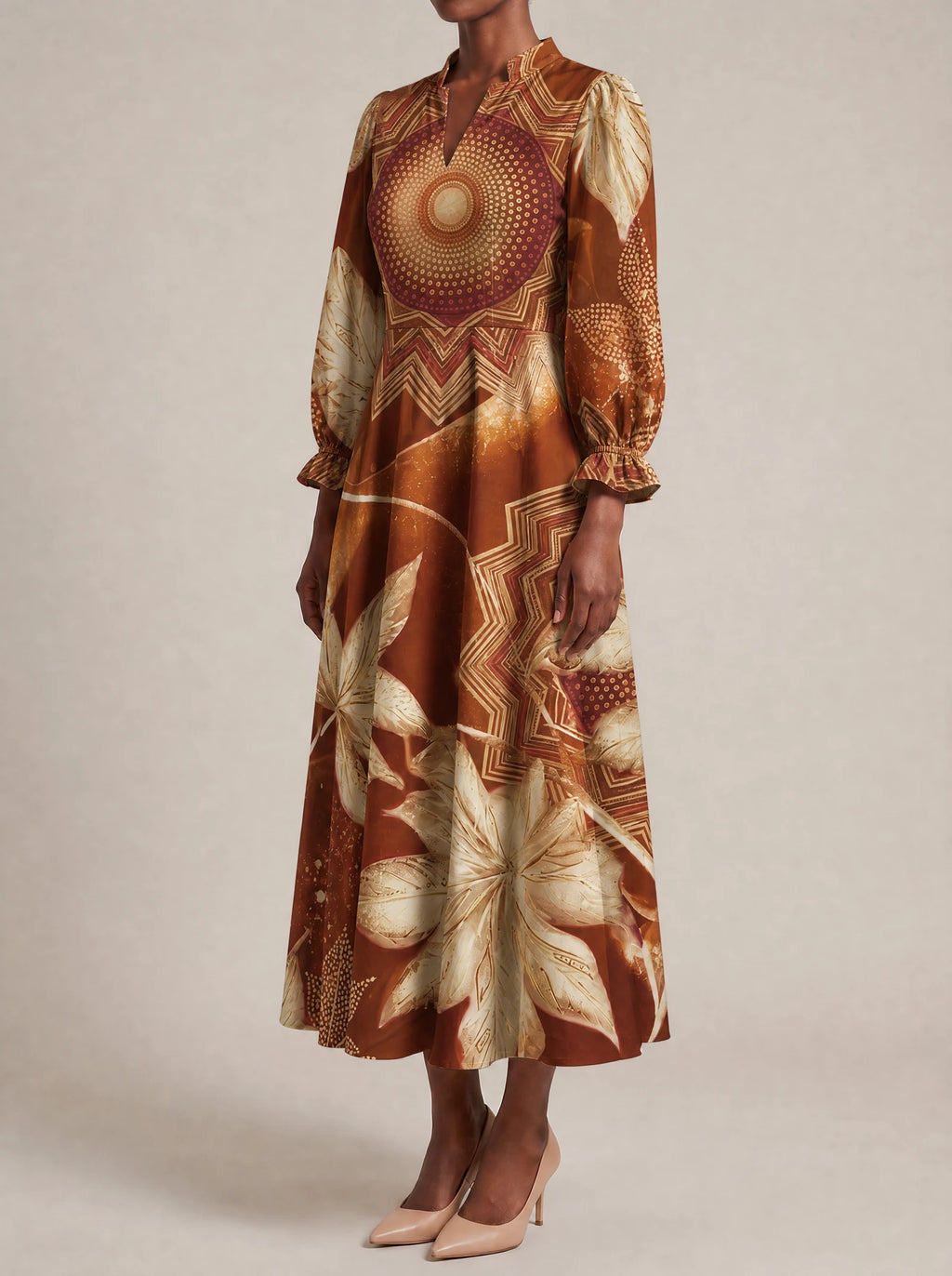 "Joto" Long Puff Sleeve Dress — three-quarter view on model