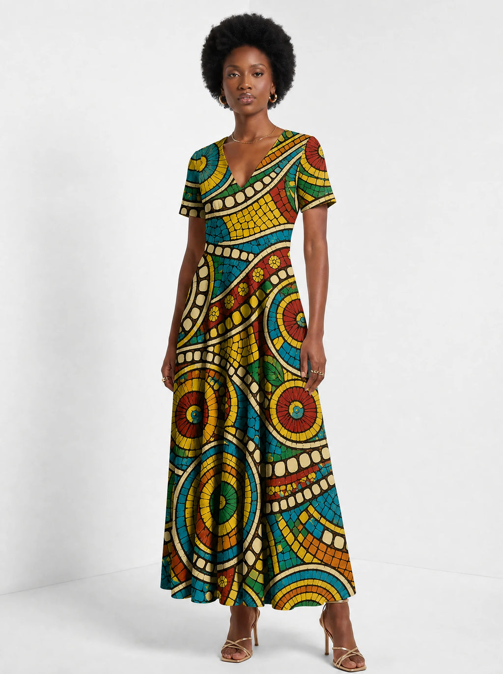 "Taji" Short Sleeve Maxi Dress — three-quarter view on model