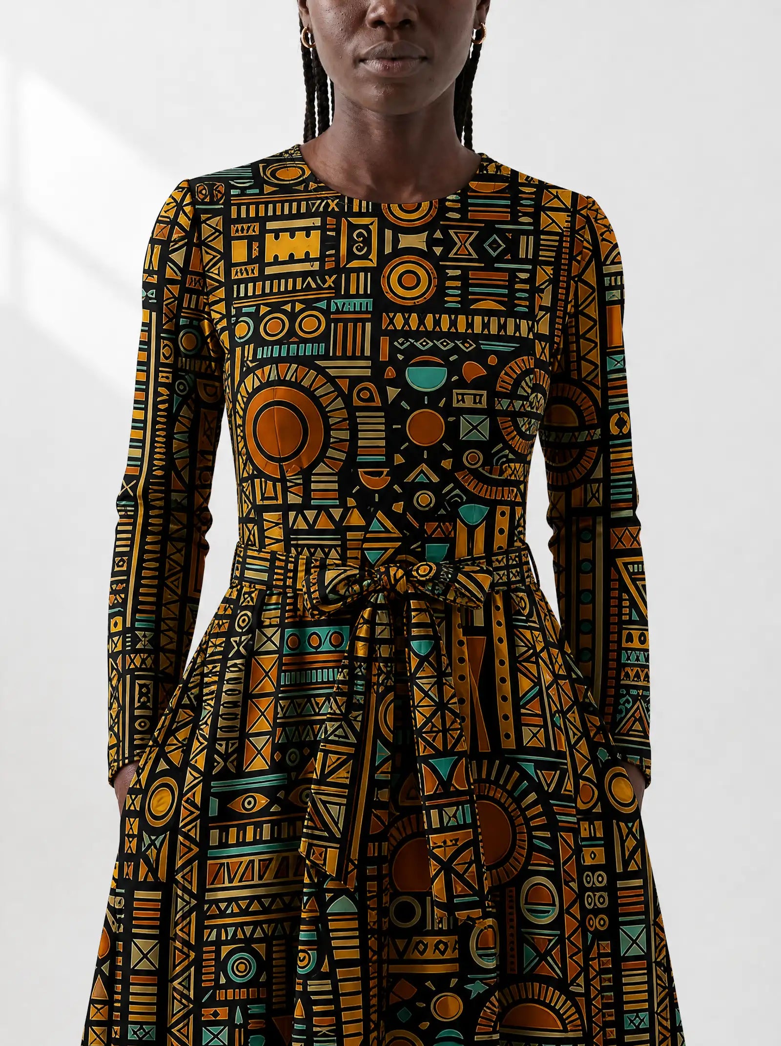"Afrocentric Pattern" Viscose Midi Dress — close-up of the round neckline and long sleeve