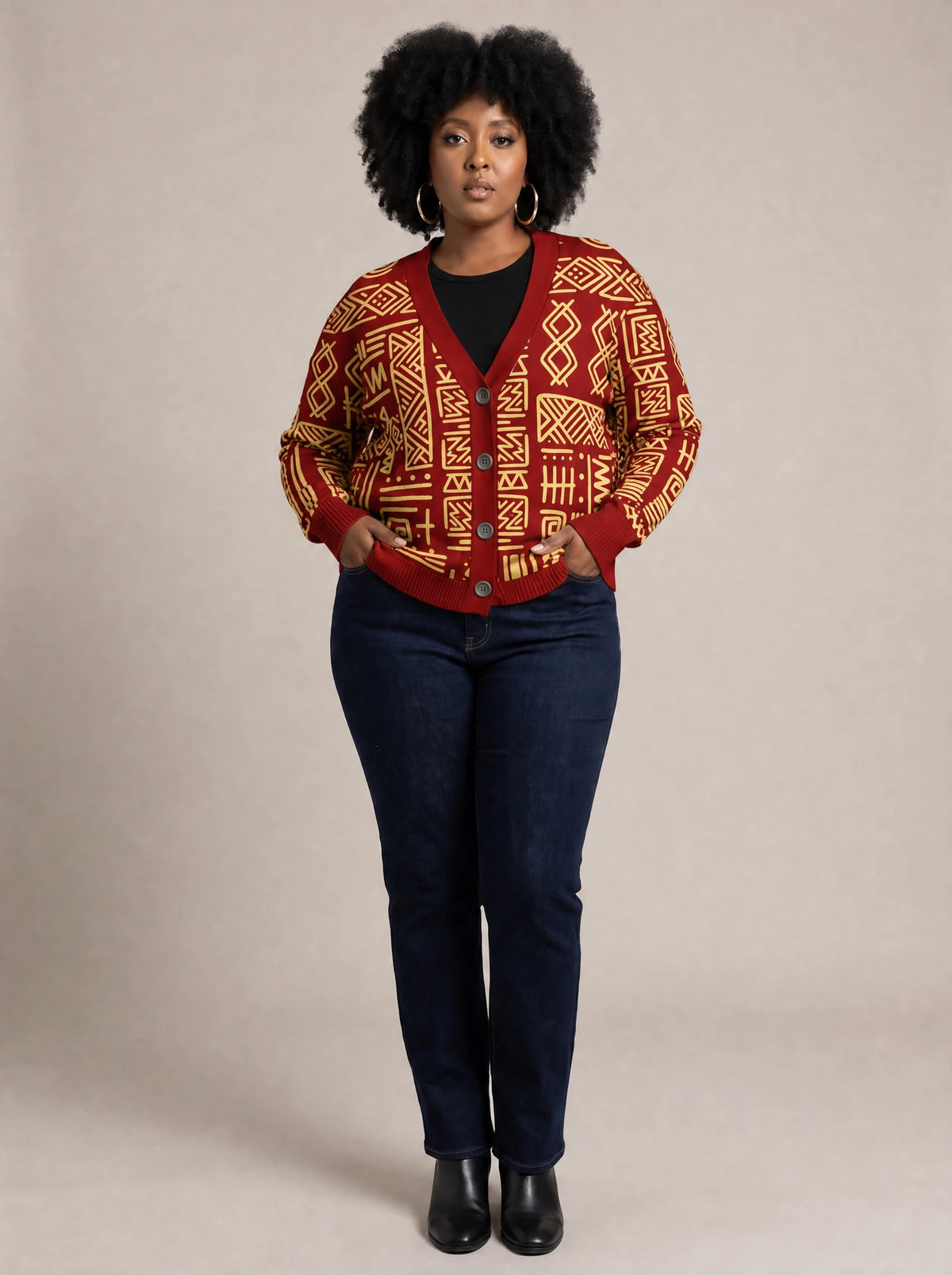 "Alama" Cardigan — on model with hands in her jeans pockets