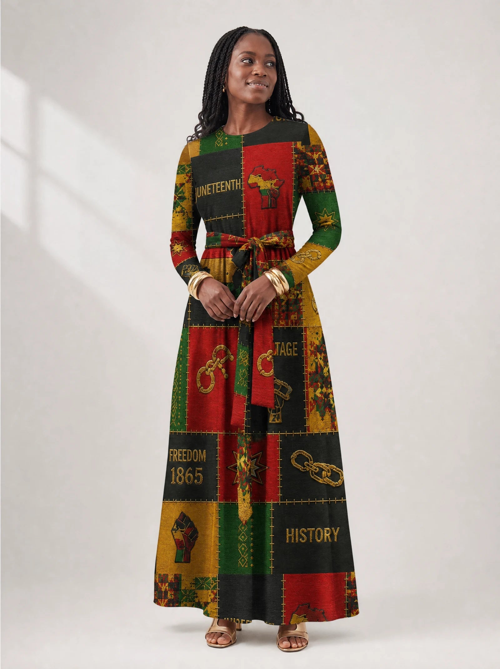 "Kumbuka" Viscose Midi Dress — close-up of the round neckline and long sleeve