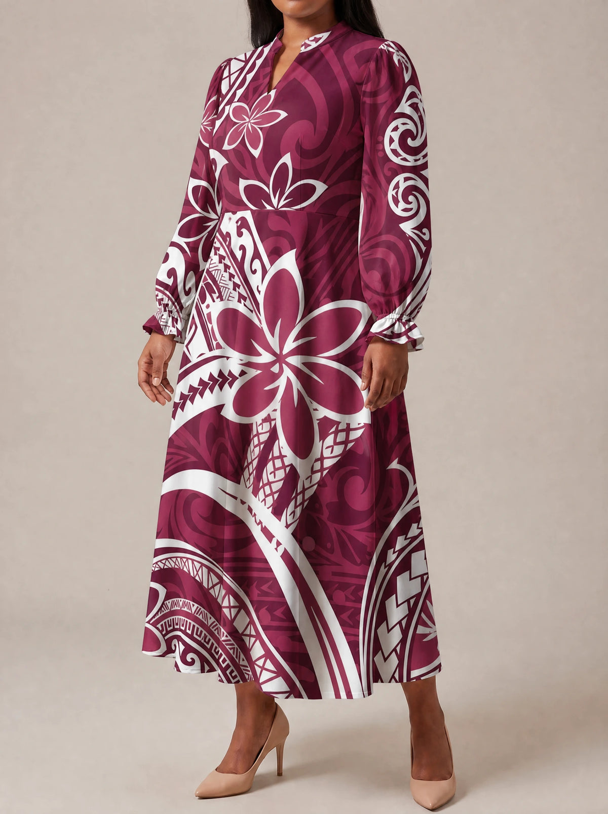 "Lehua" Long Puff Sleeve Dress — three-quarter view on model