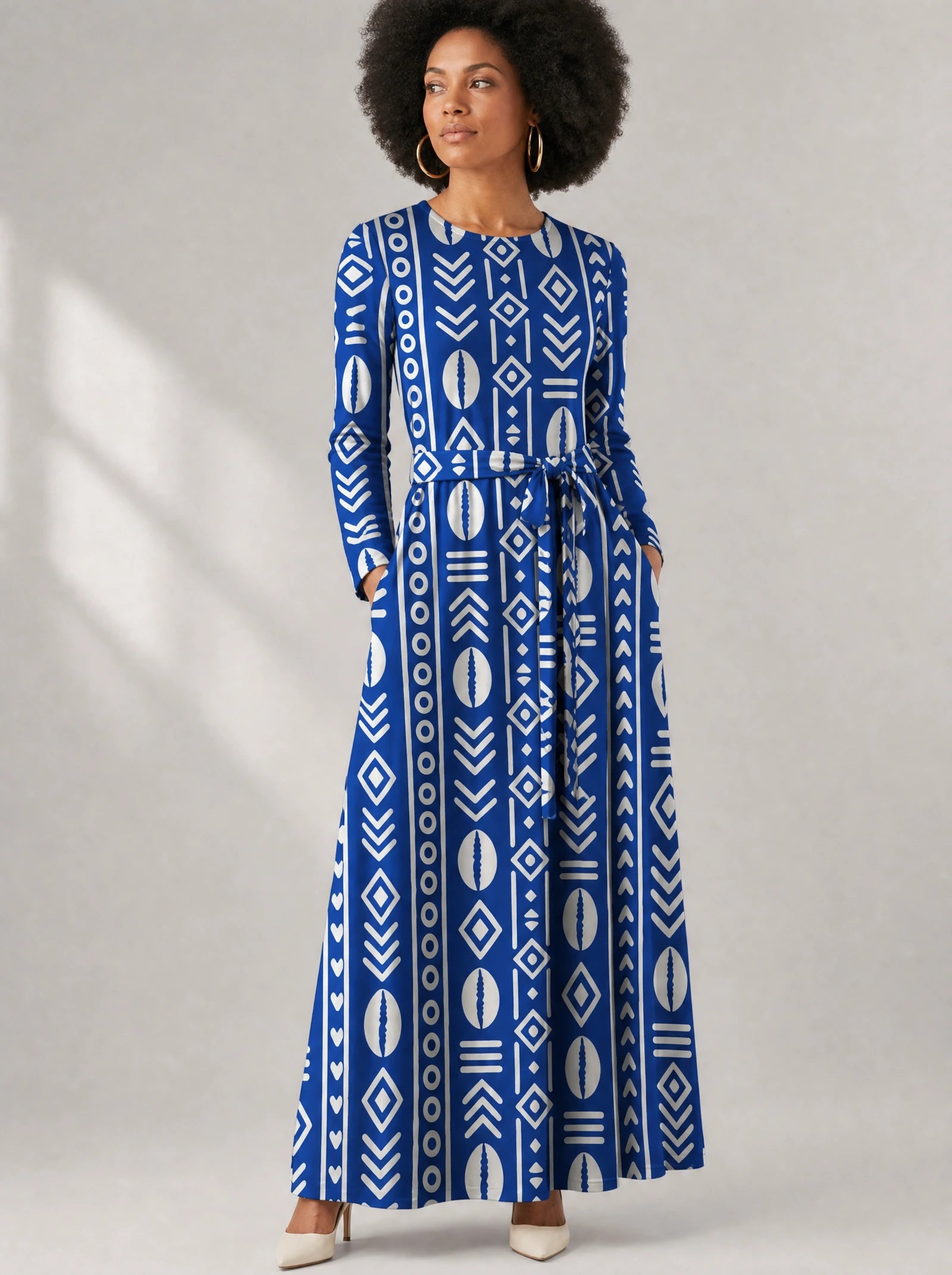 "Oshun" Viscose Midi Dress — close-up of the round neckline and long sleeve