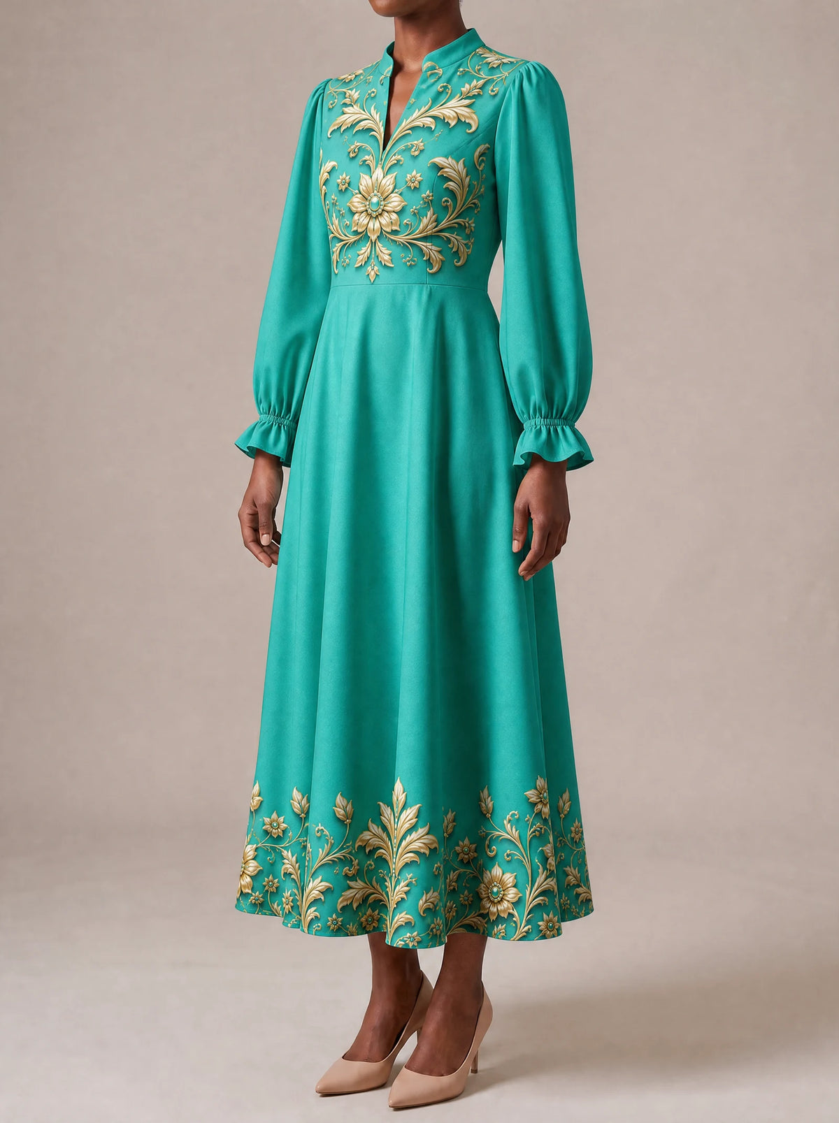 "Heshima" Long Puff Sleeve Dress — three-quarter view on model