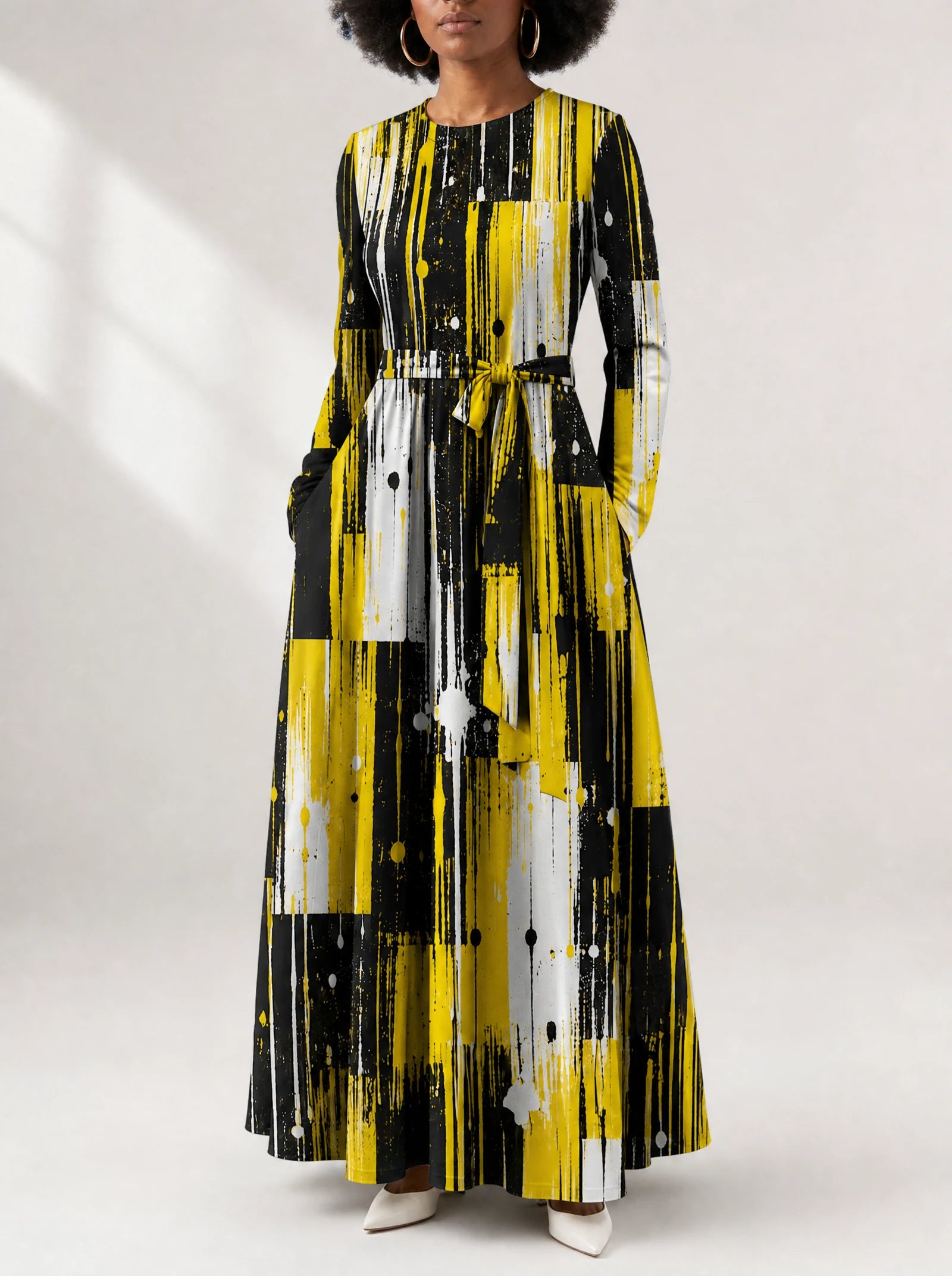 "Mvua" Viscose Midi Dress — close-up of the round neckline and long sleeve