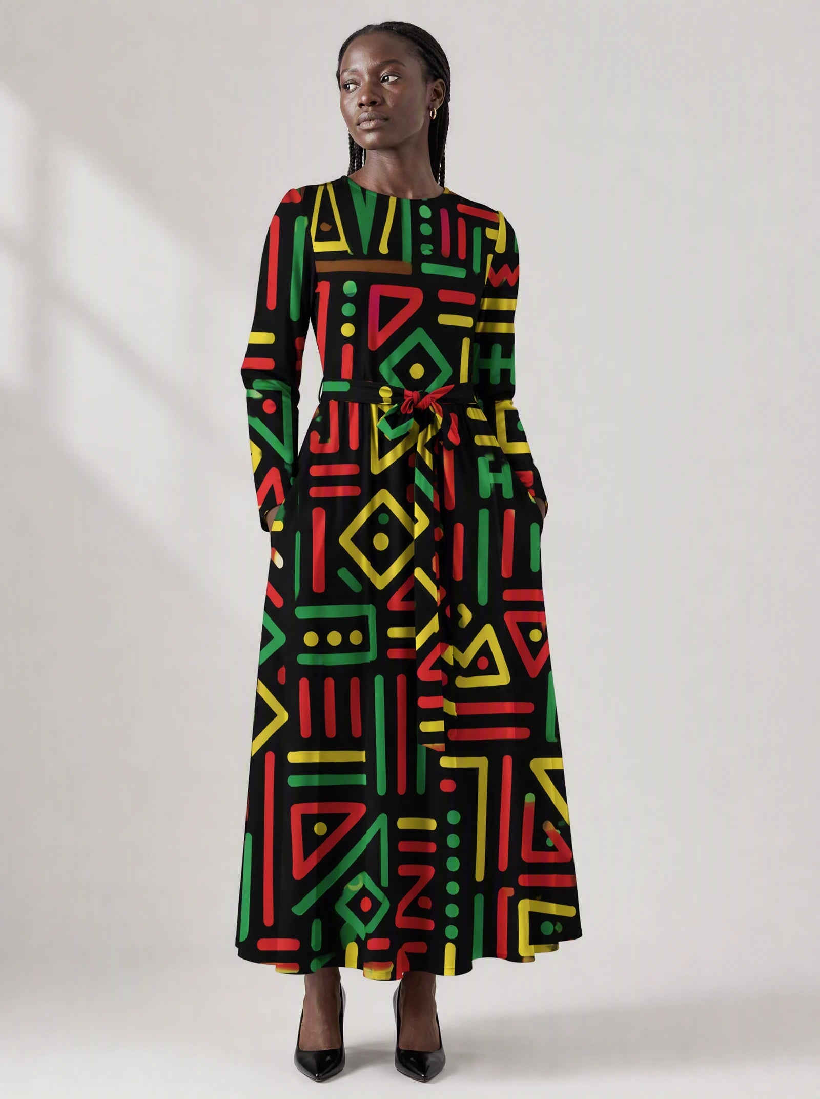 "Nairobi" Viscose Midi Dress — close-up of the round neckline and long sleeve