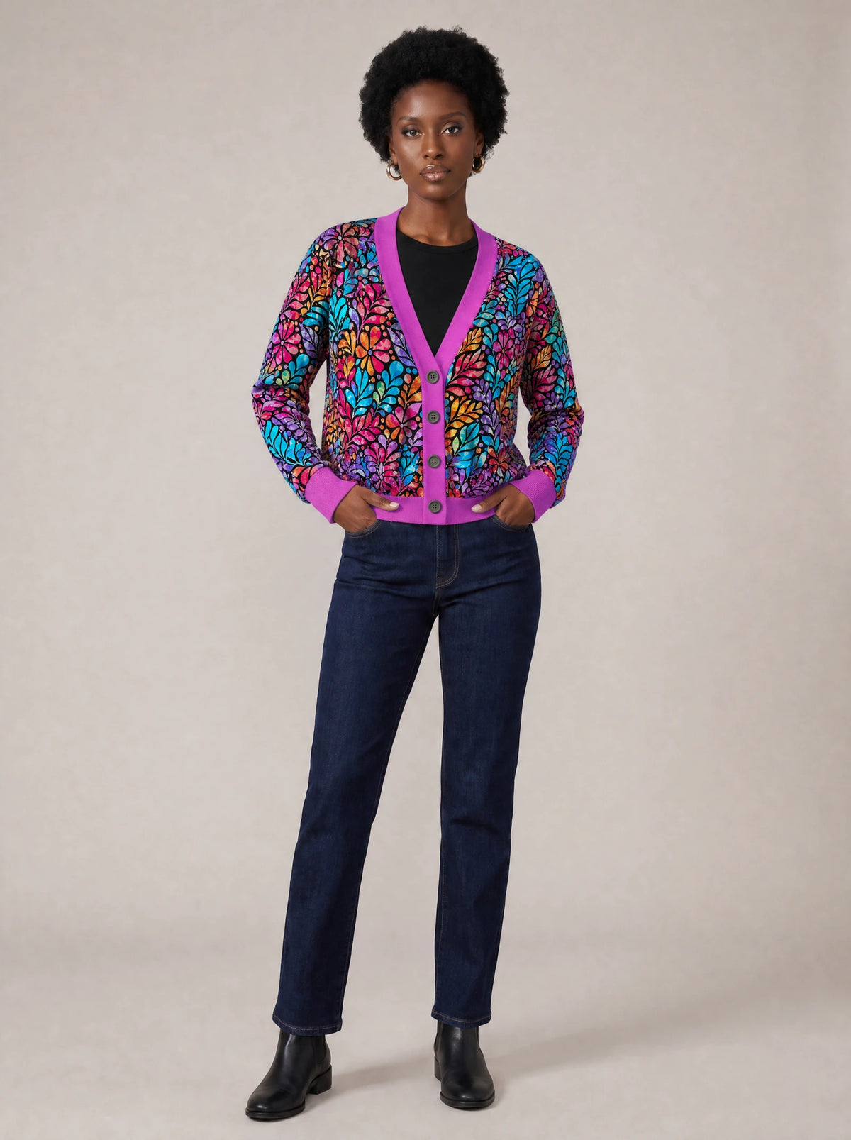 "Rangi" Cardigan — on model with hands in her jeans pockets