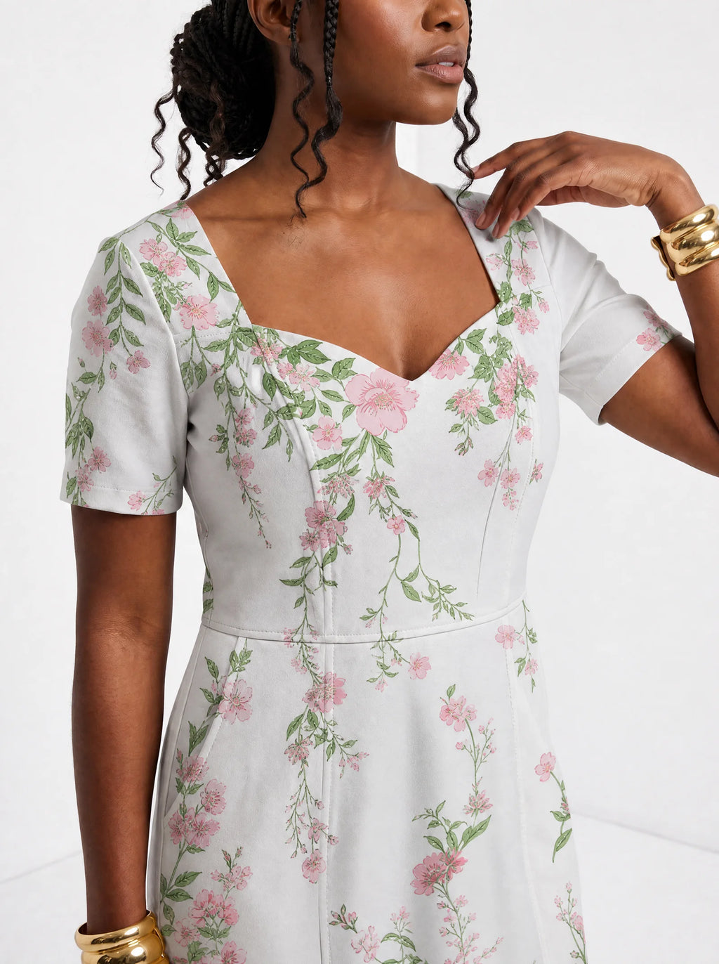 "Chanua" Sweetheart Midi Dress — close-up of the sweetheart neckline and short sleeve