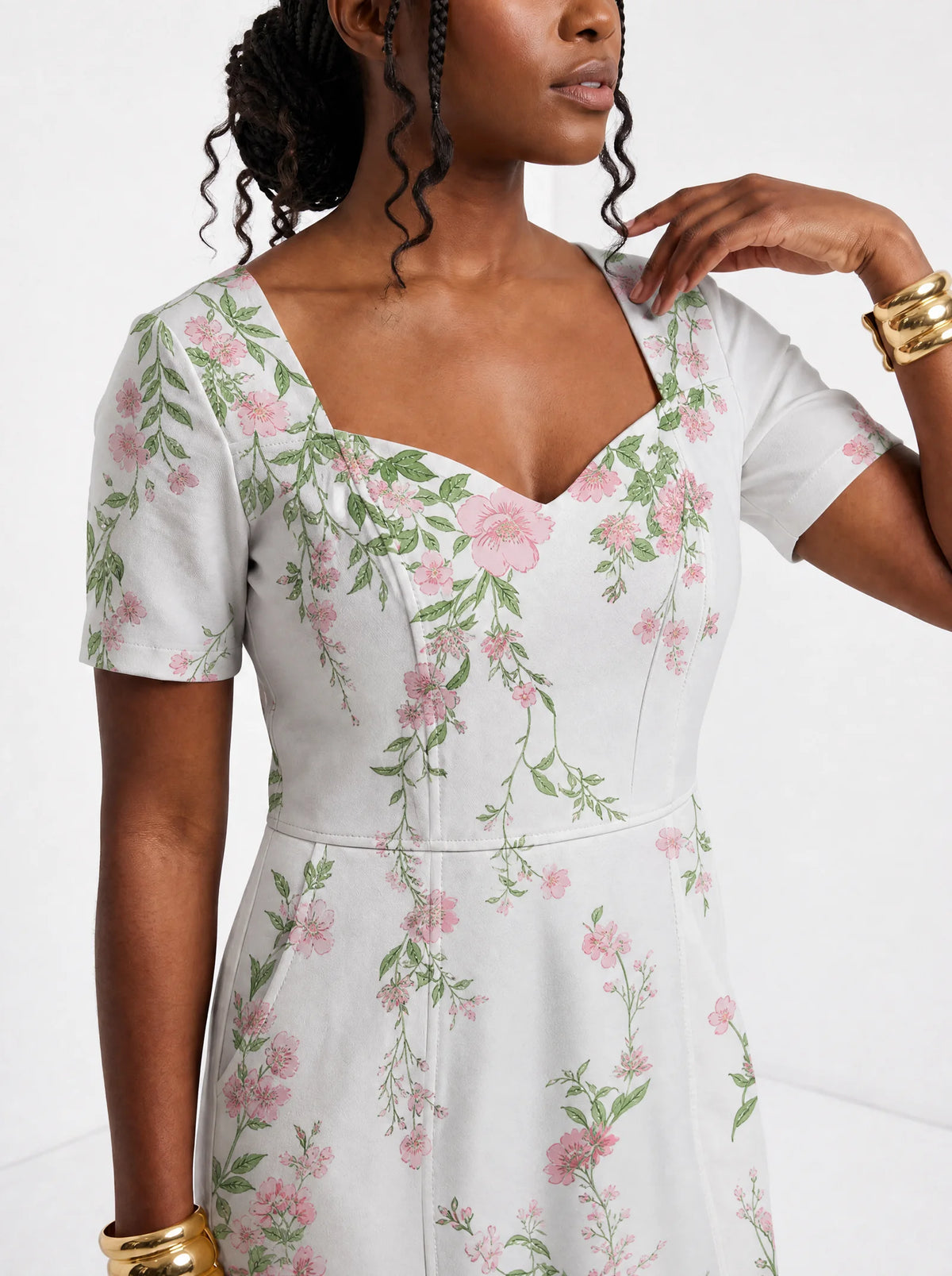 "Chanua" Sweetheart Midi Dress — close-up of the sweetheart neckline and short sleeve