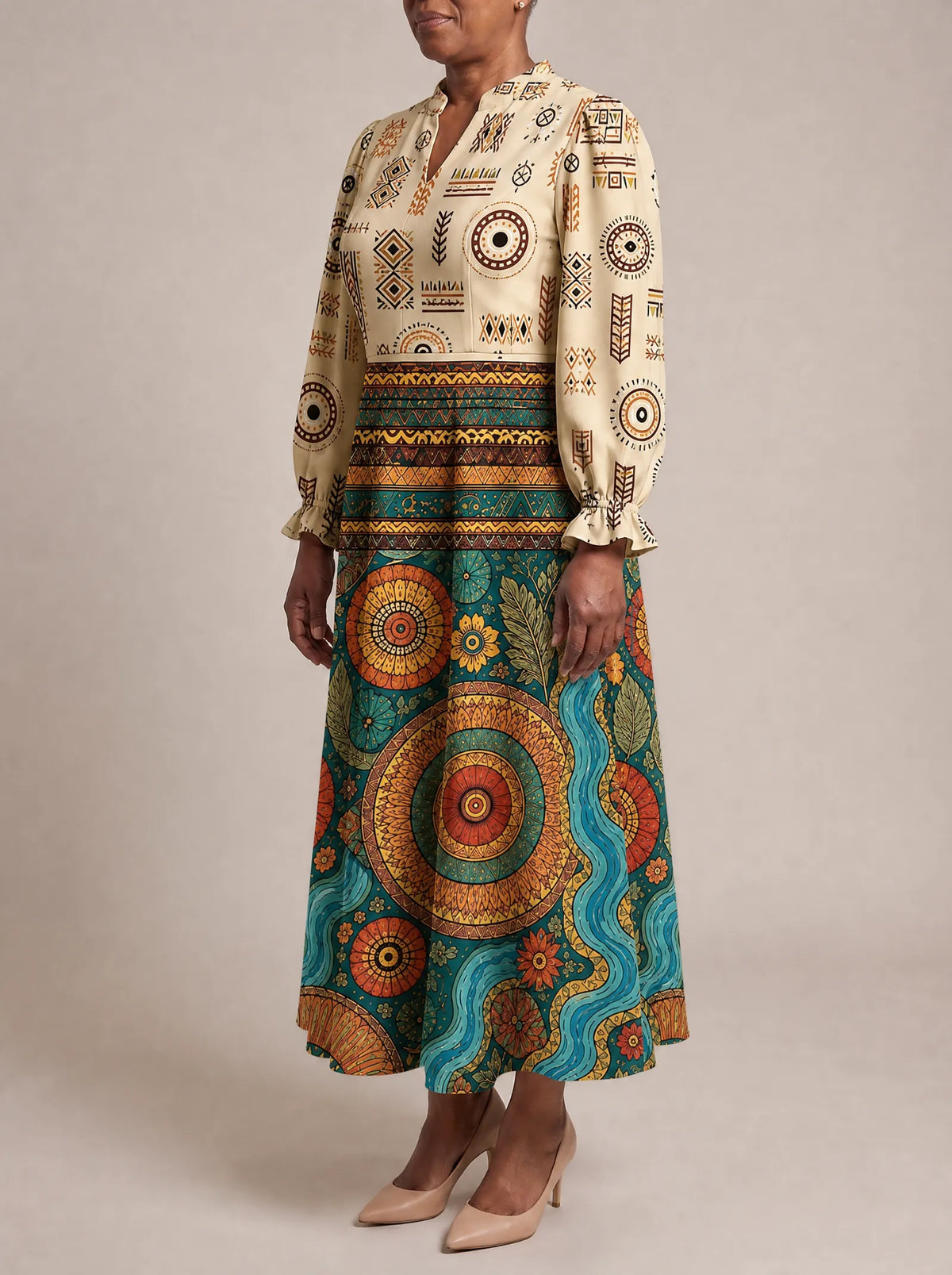 "Mto" Long Puff Sleeve Dress — three-quarter view on model