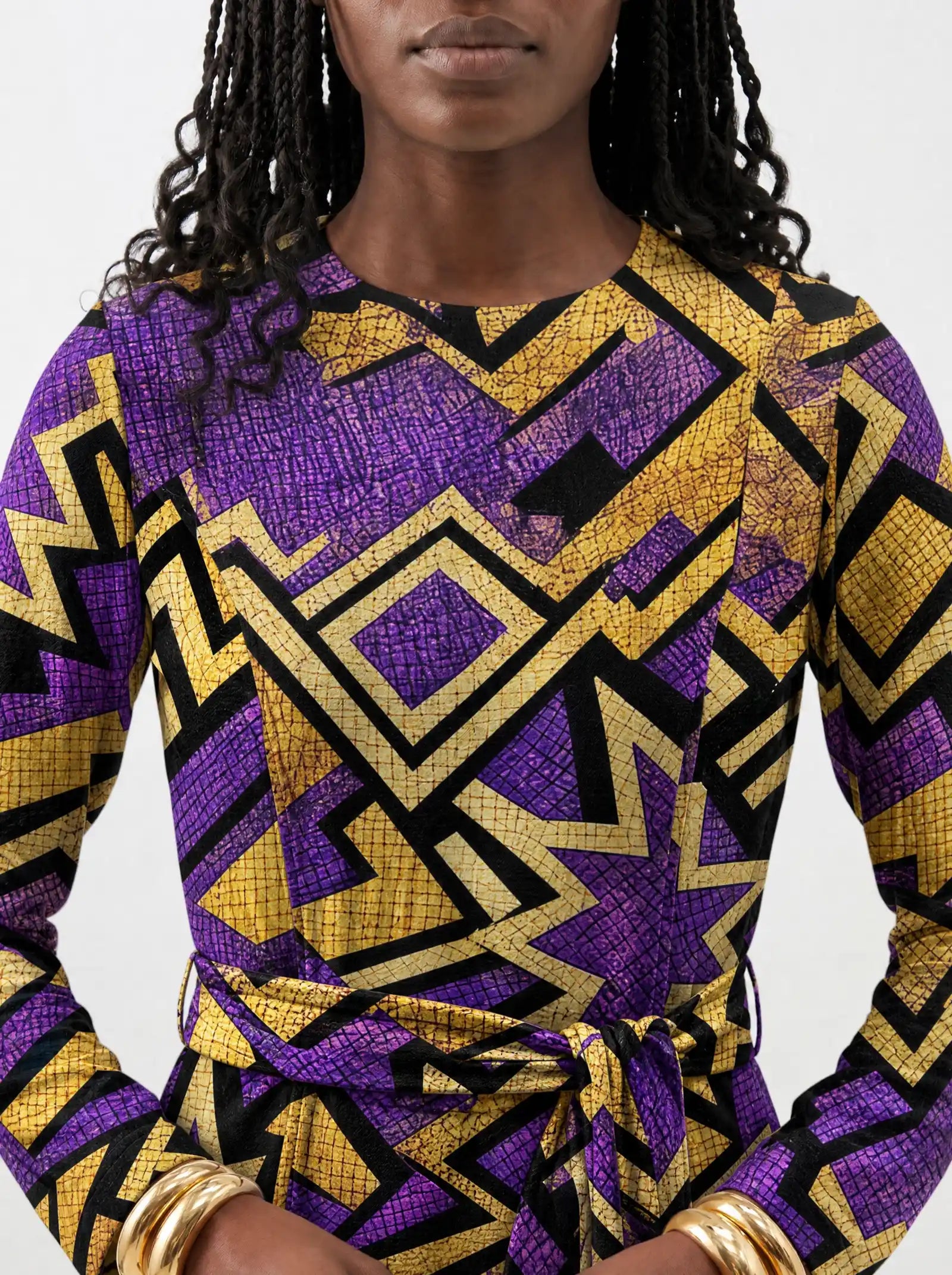 "Sheba" Viscose Midi Dress — close-up of the round neckline and long sleeve
