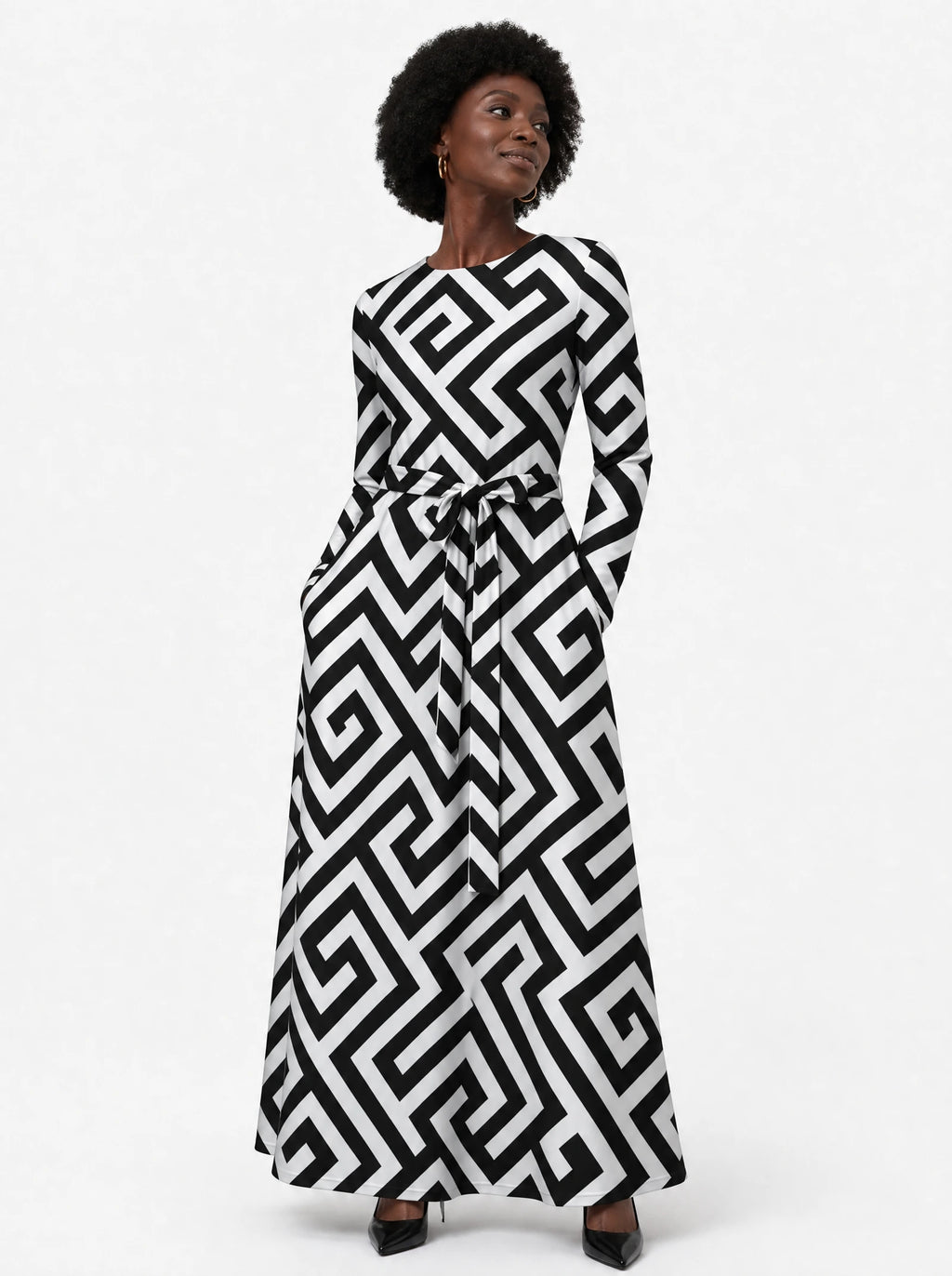 "Zamu" Viscose Midi Dress — close-up of the round neckline and long sleeve