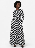 "Zamu" Viscose Midi Dress — close-up of the round neckline and long sleeve