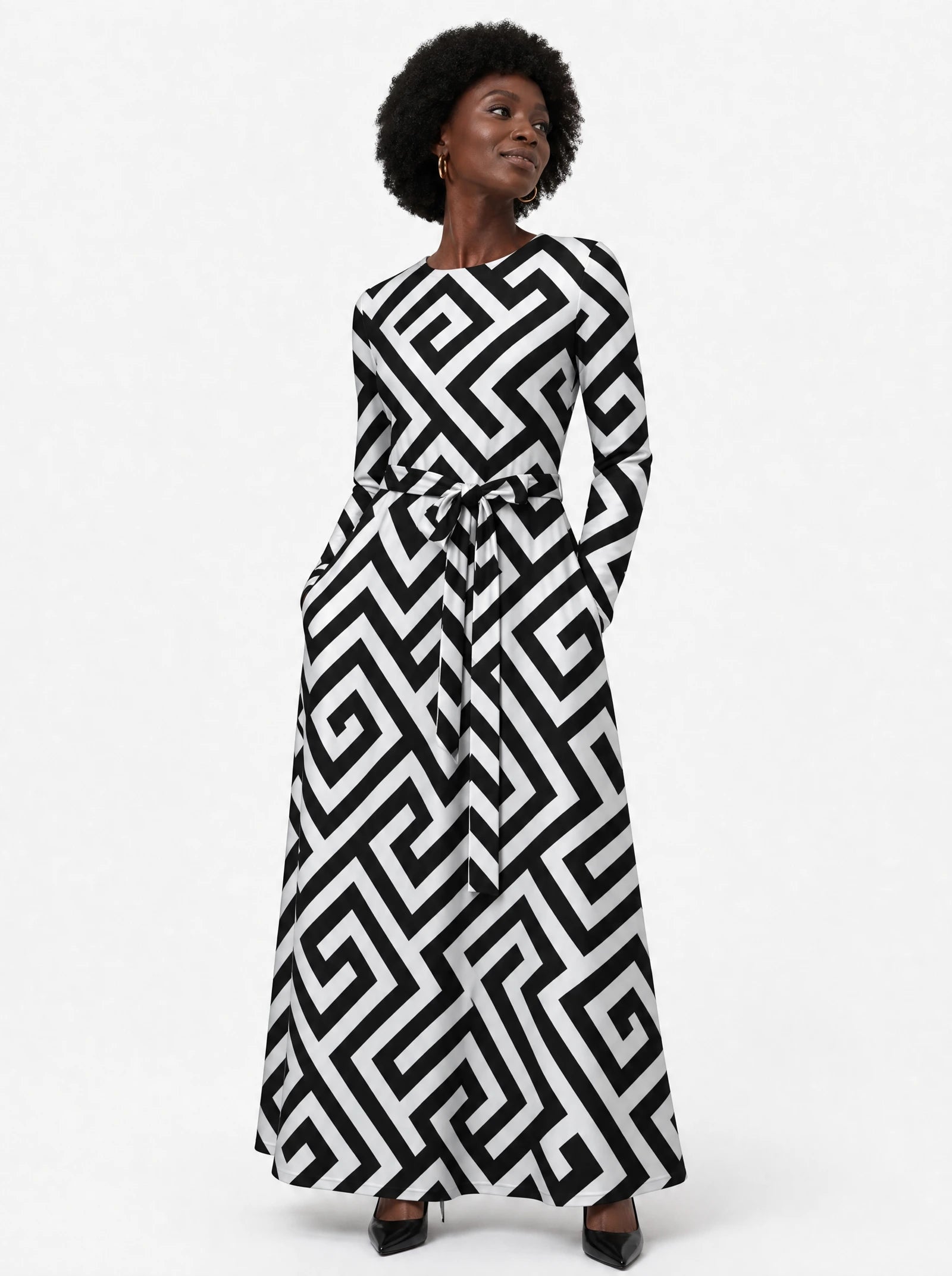 "Zamu" Viscose Midi Dress — close-up of the round neckline and long sleeve