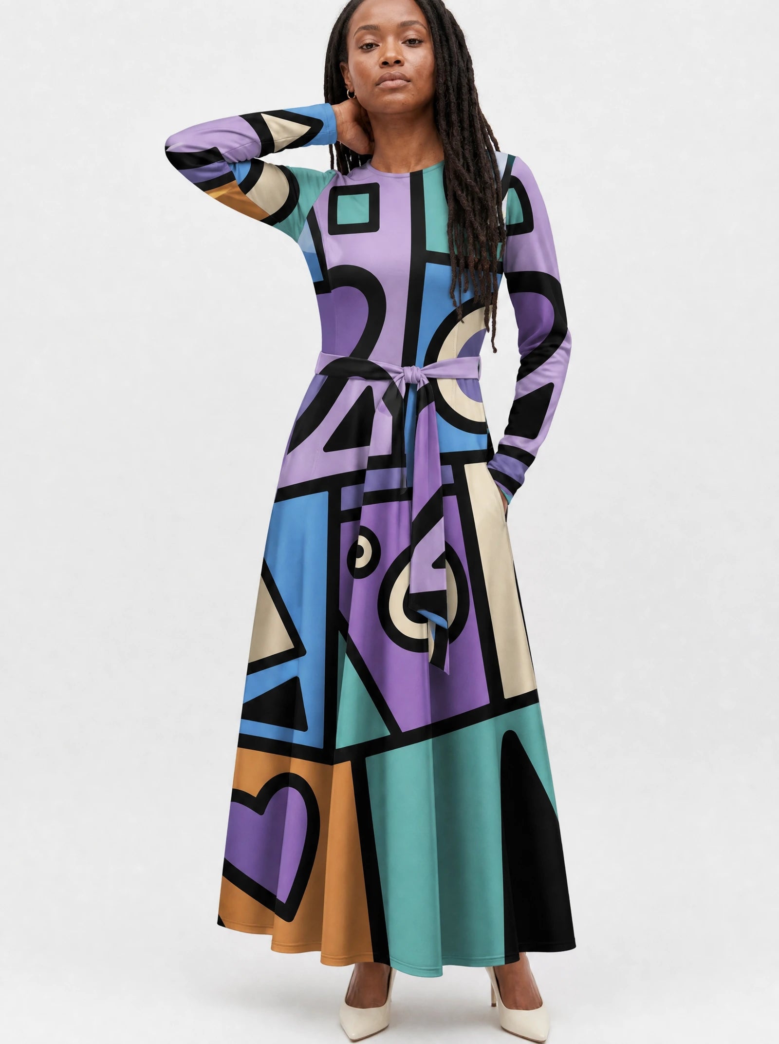"Sanaa" Viscose Midi Dress — close-up of the round neckline and long sleeve