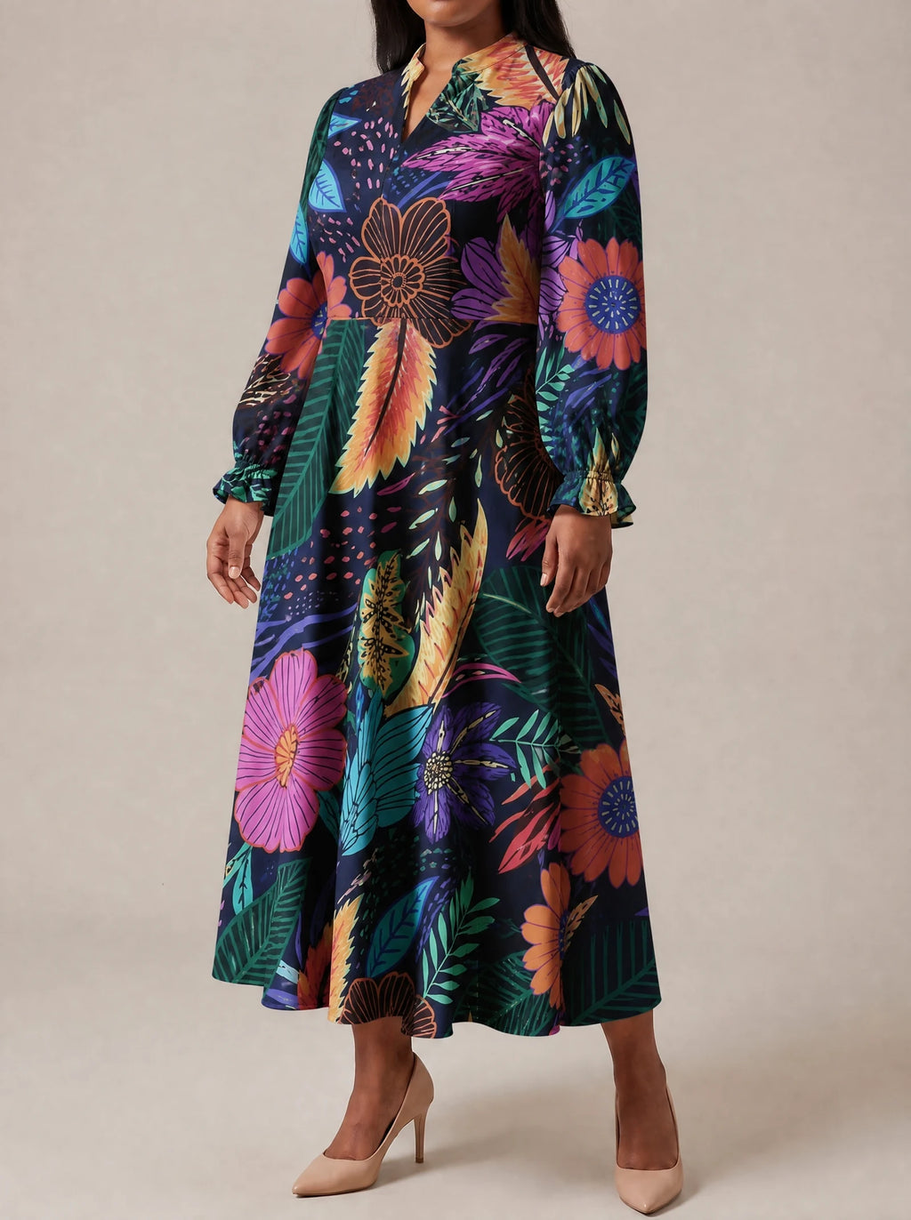 "Bustani" Long Puff Sleeve Dress — three-quarter view on model