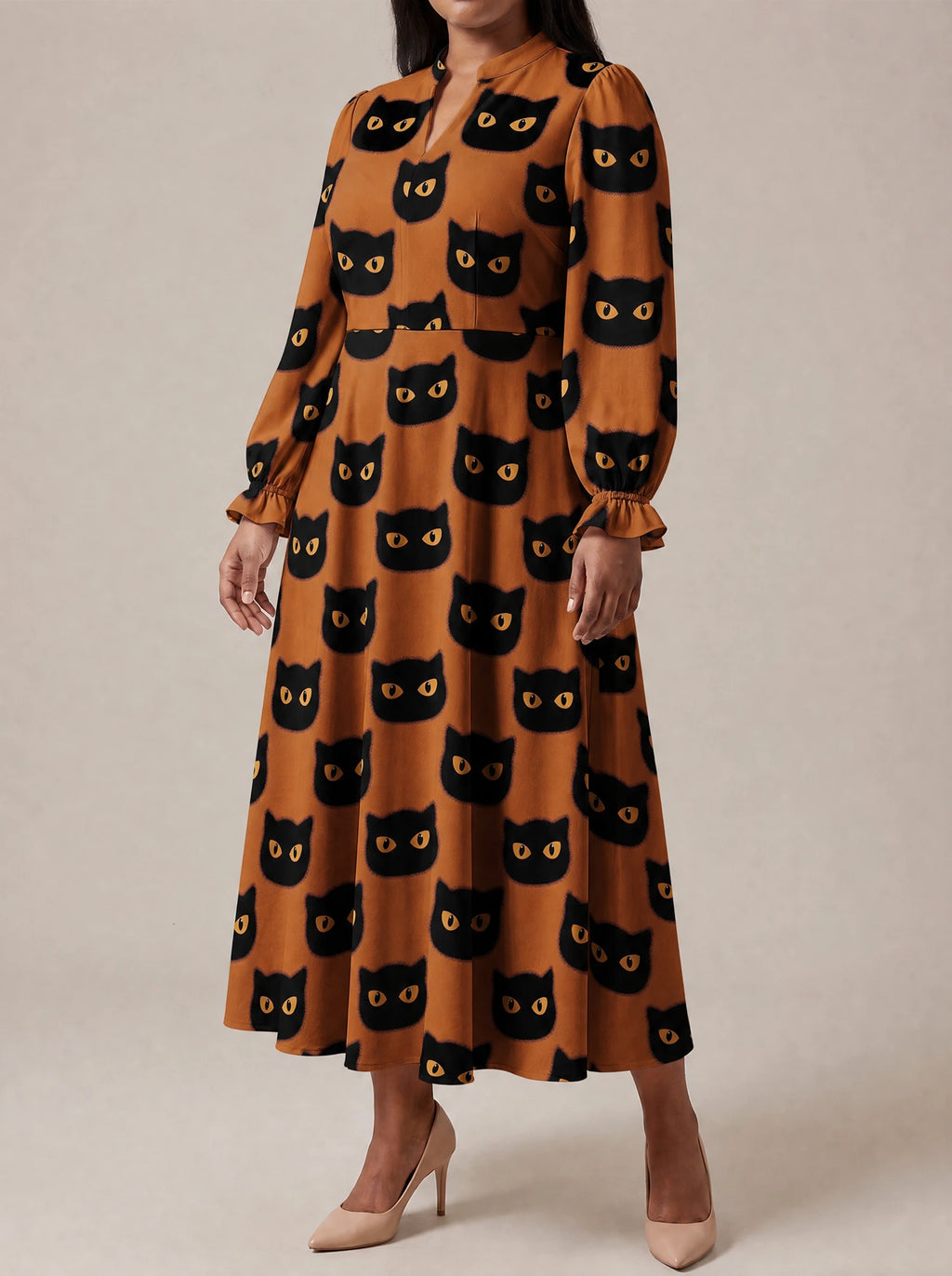 "Paka" Halloween Long Puff Sleeve Dress — three-quarter view on model