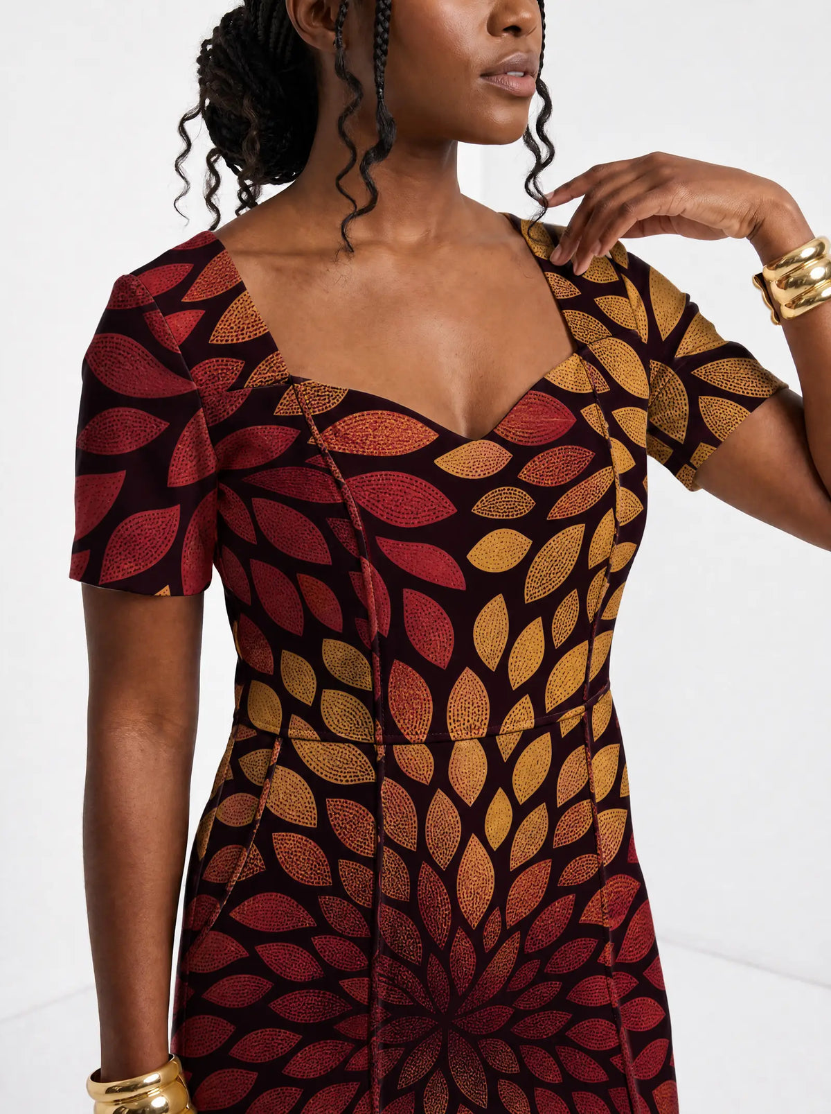 "Mavuno" Sweetheart Midi Dress — close-up of the sweetheart neckline and short sleeve