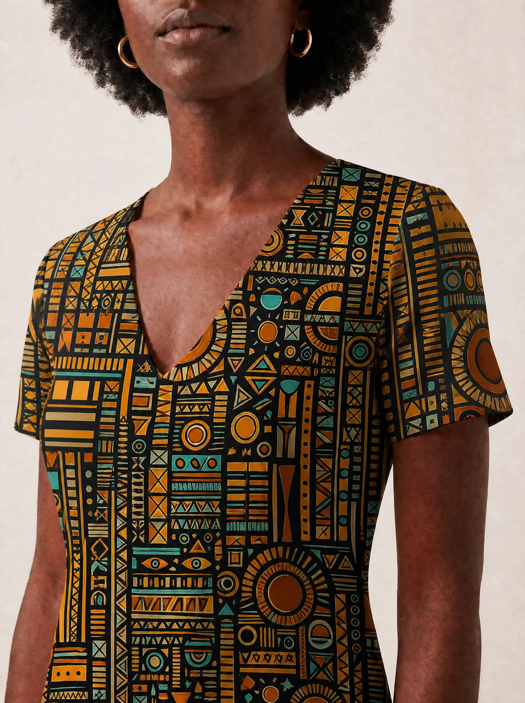 "Afrocentric Pattern" V Neck Midi Dress
