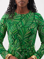 "Asili" Viscose Midi Dress — close-up of the round neckline and long sleeve