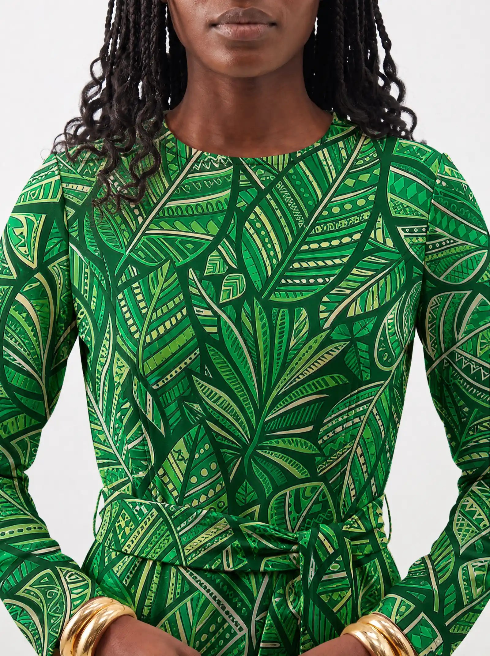 "Asili" Viscose Midi Dress — close-up of the round neckline and long sleeve