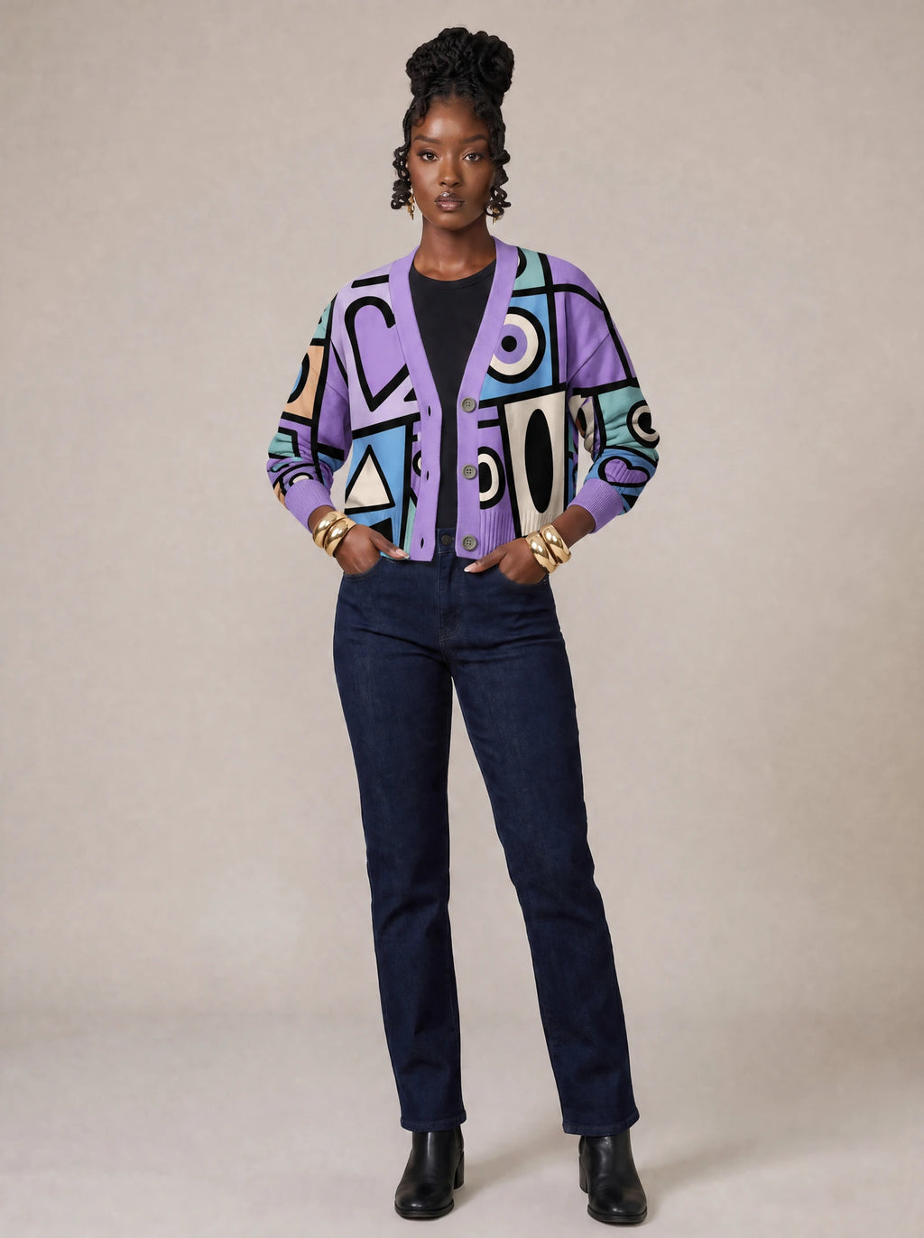 "Sanaa" Cardigan — on model with hands in her jeans pockets