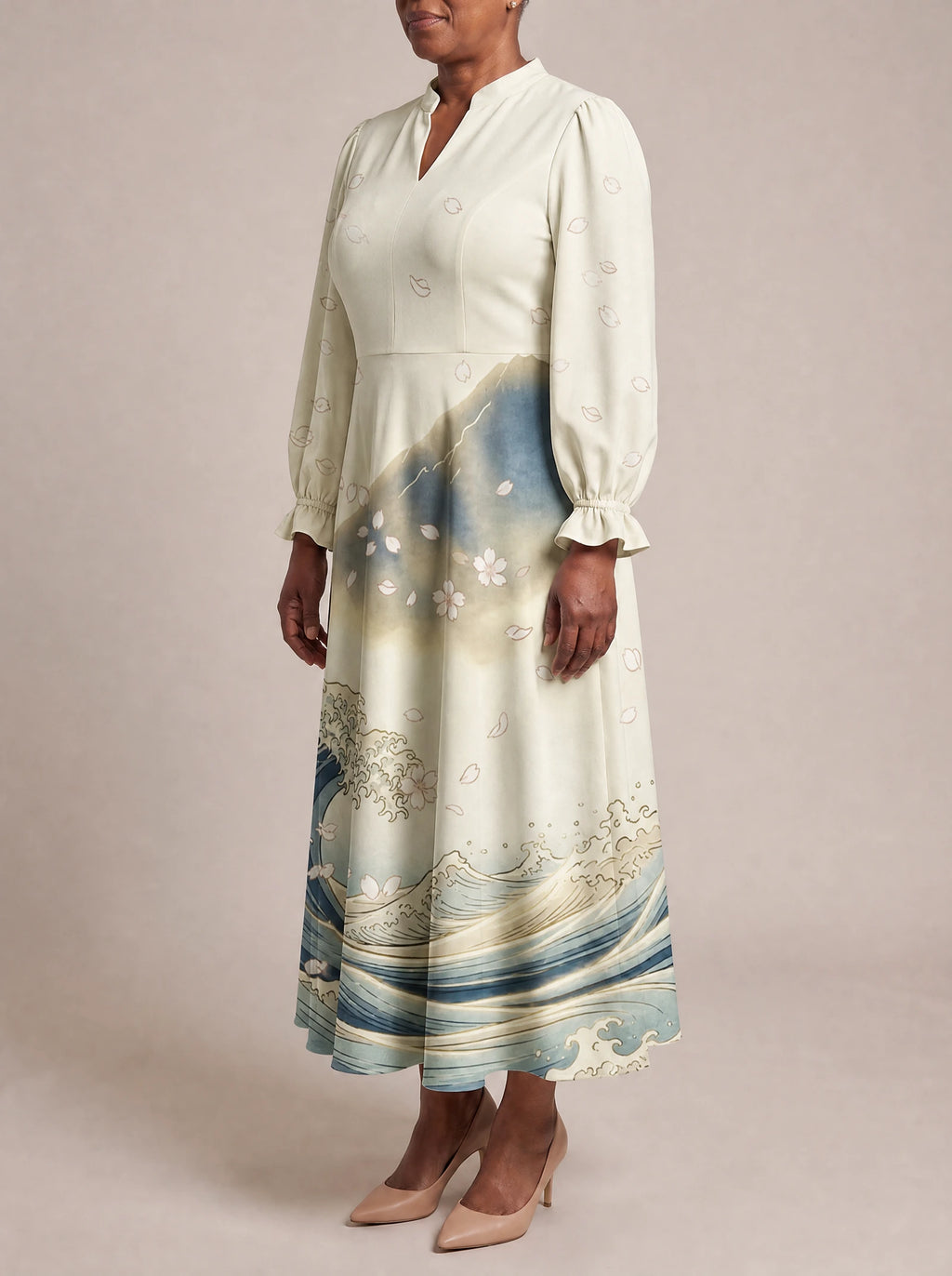 "Wimbi" Long Puff Sleeve Dress — three-quarter view on model
