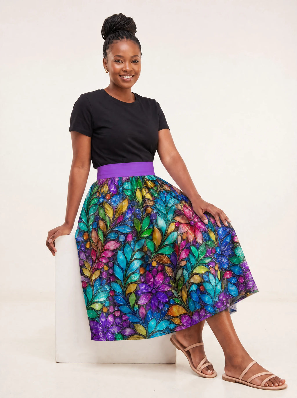 "Upinde" Twirl Skirt — seated on a studio cube