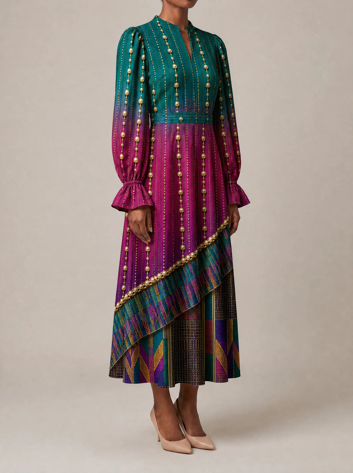 "Lulu" Long Puff Sleeve Dress — three-quarter view on model