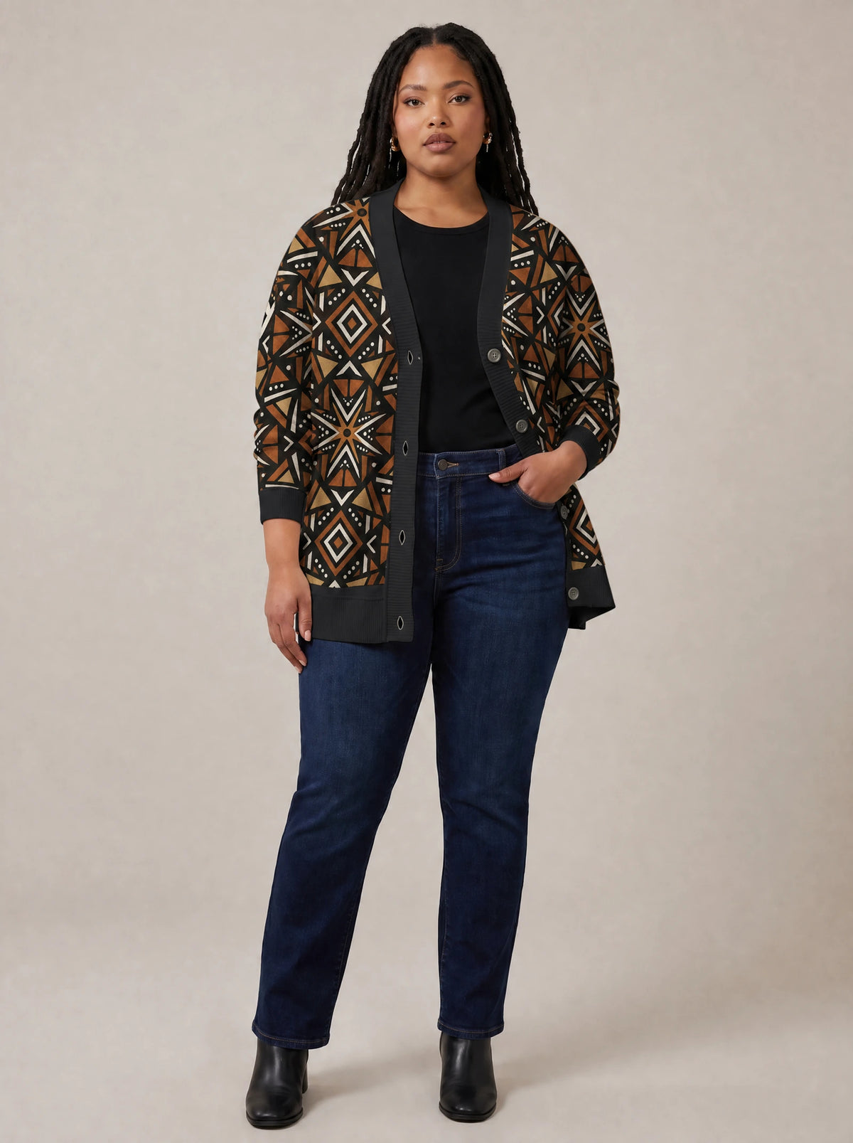 "Udongo" Cardigan — on model with hands in her jeans pockets